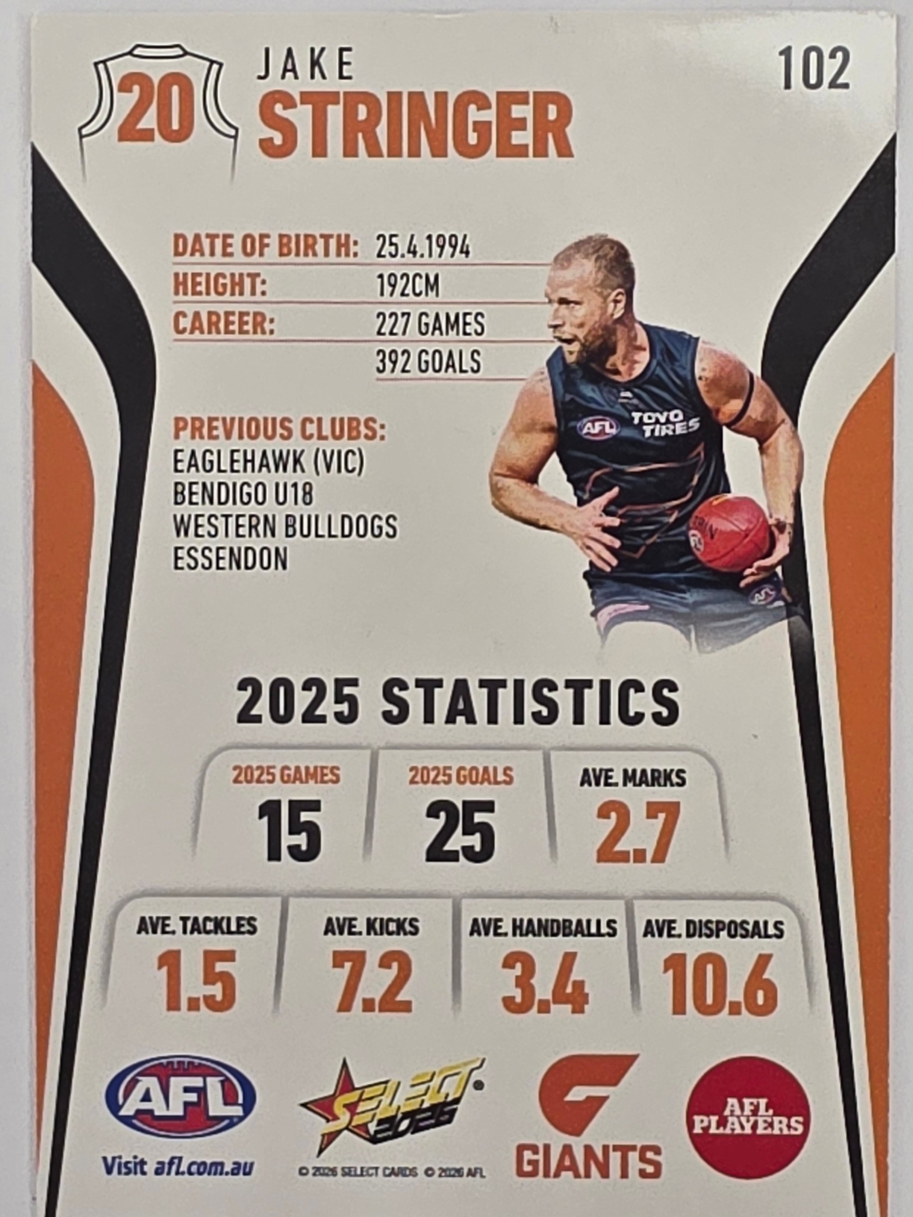 2026 AFL Footy Stars Base Card #102 Jake Stringer - GWS Giants
