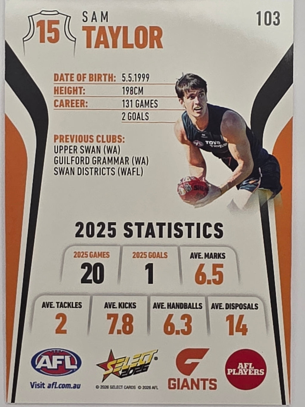 2026 AFL Footy Stars Base Card #103 Sam Taylor - GWS Giants
