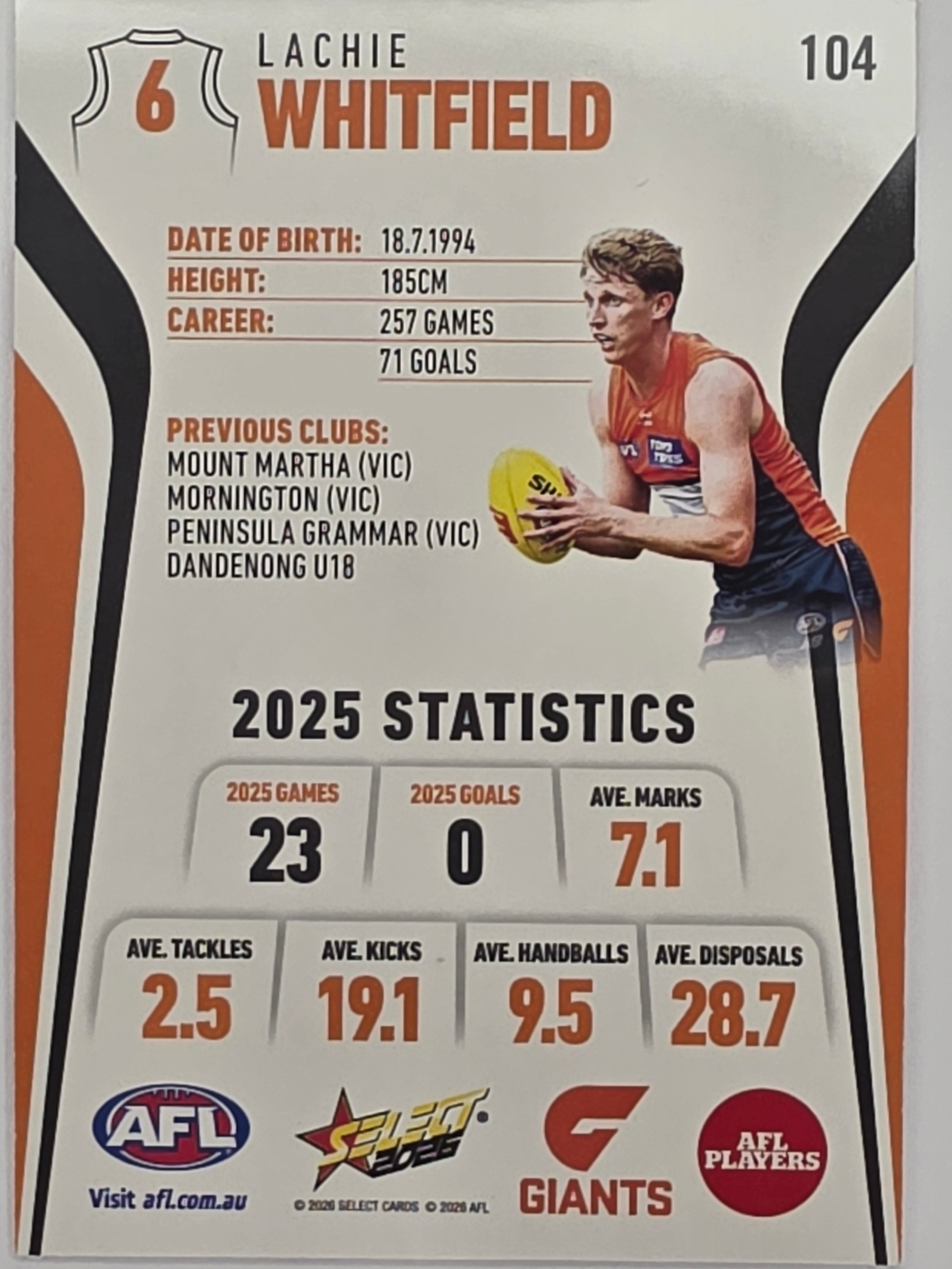 2026 AFL Footy Stars Base Card #104 Lachie Whitfield - GWS Giants