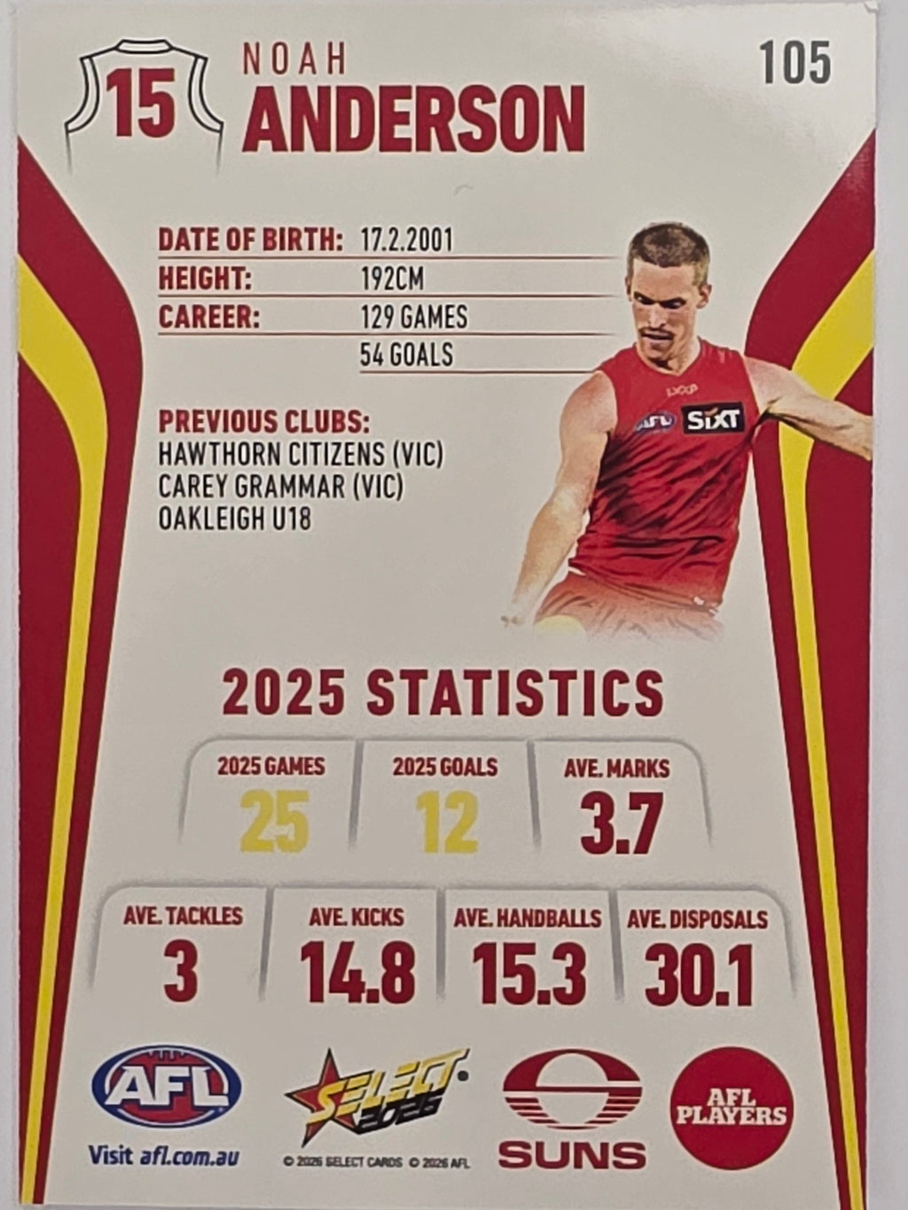 2026 AFL Footy Stars Base Card #105 Noah Anderson - Gold Coast Suns