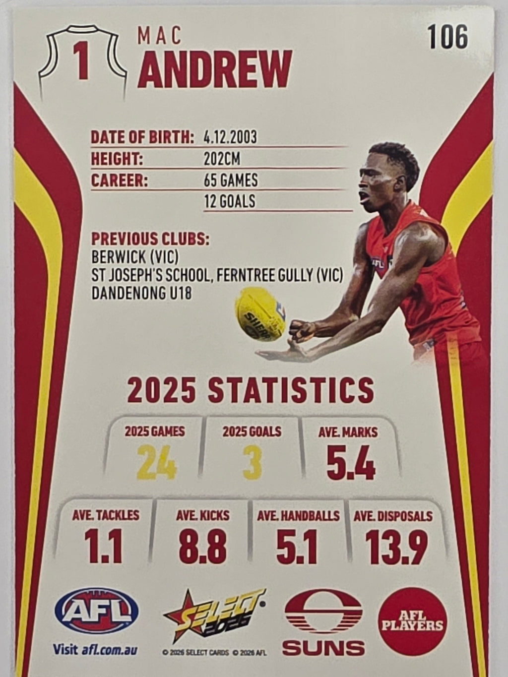 2026 AFL Footy Stars Base Card #106 Mac Andrew - Gold Coast Suns