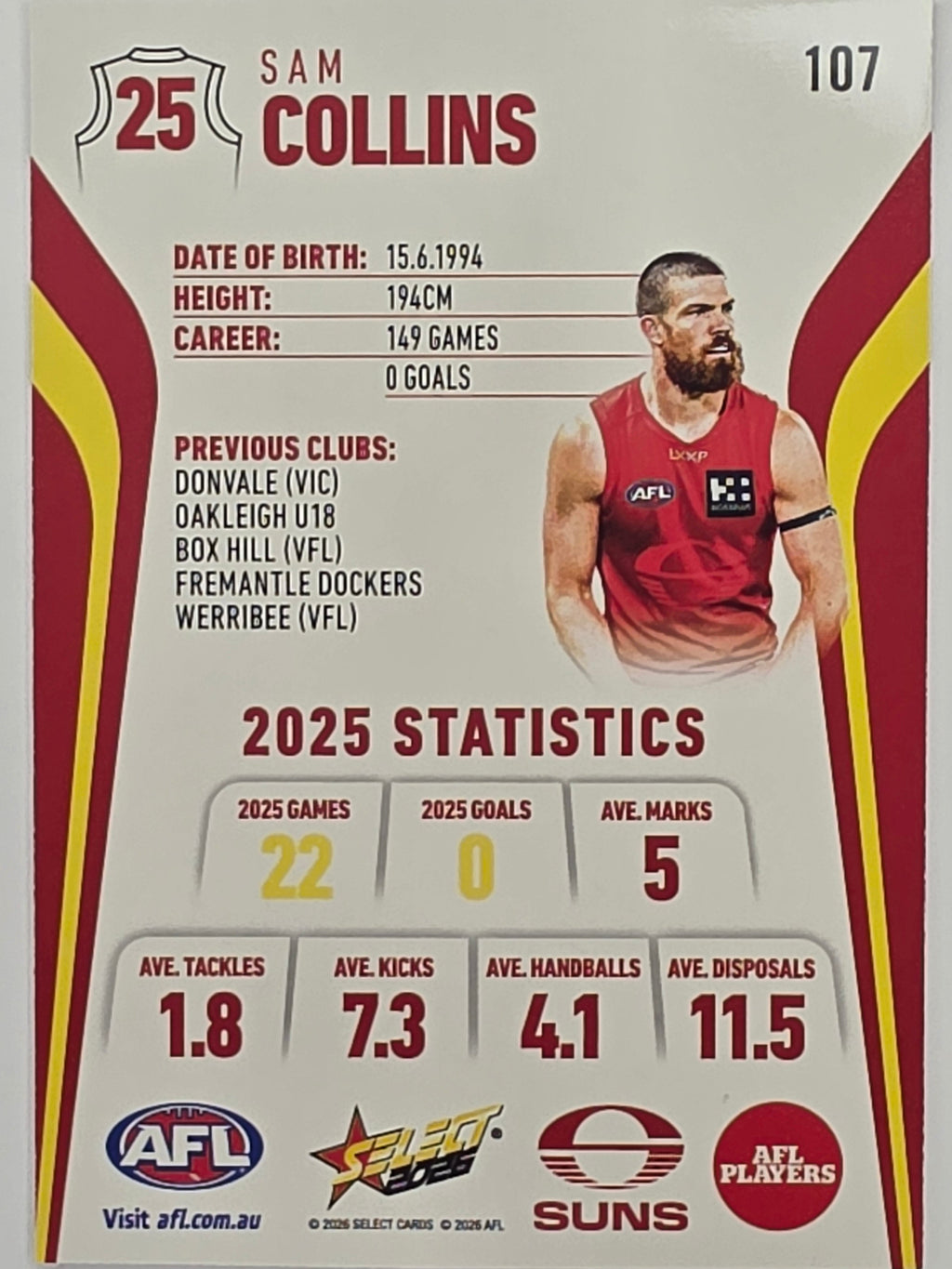 2026 AFL Footy Stars Base Card #107 Sam Collins - Gold Coast Suns