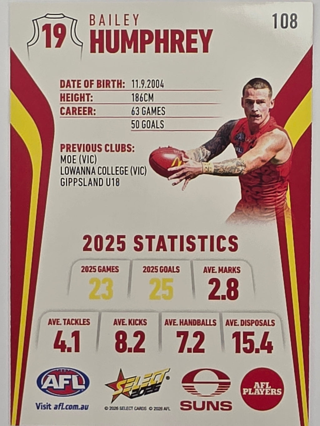 2026 AFL Footy Stars Base Card #108 Bailey Humphrey - Gold Coast Suns