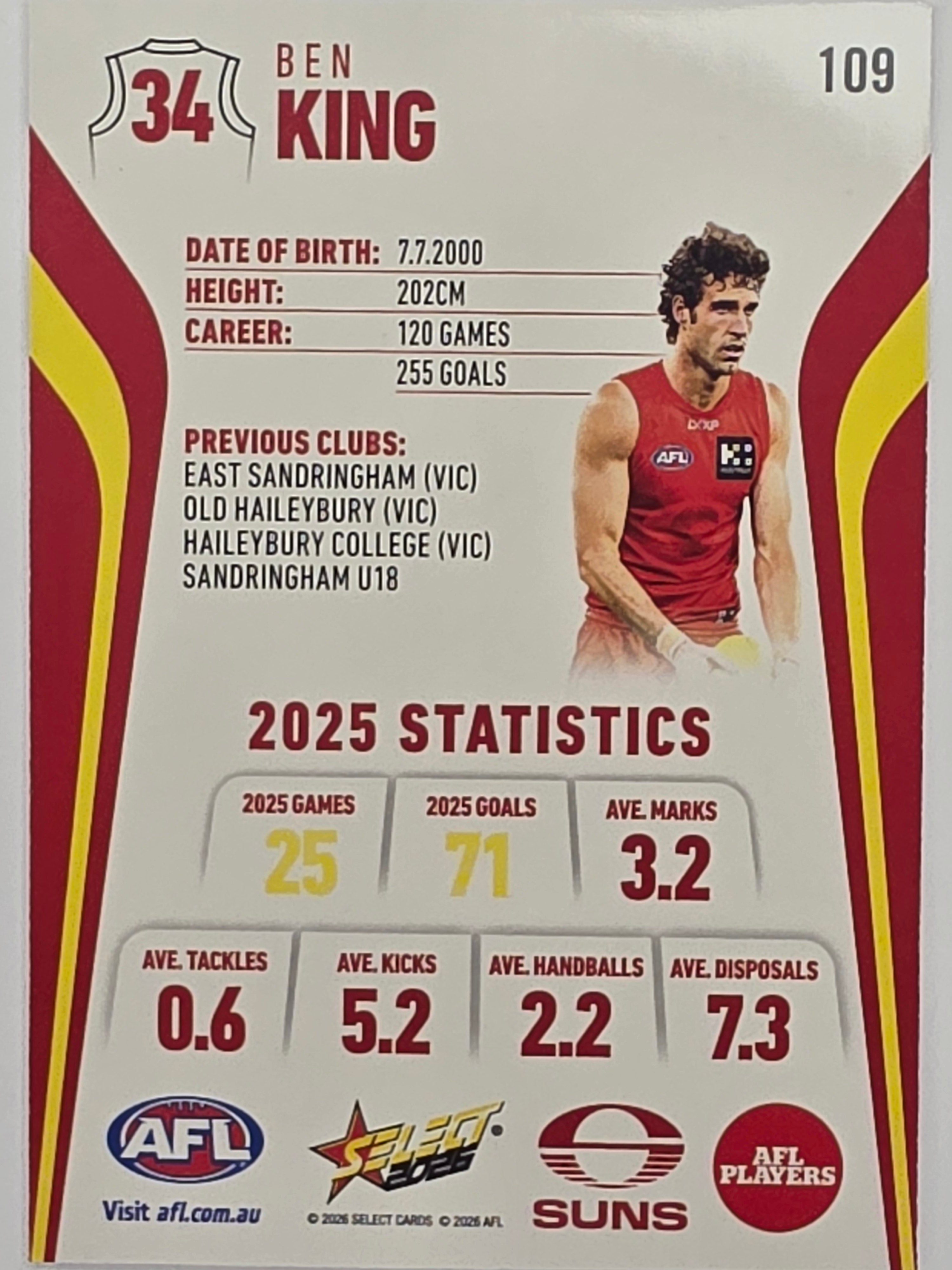 2026 AFL Footy Stars Base Card #109 Ben King - Gold Coast Suns