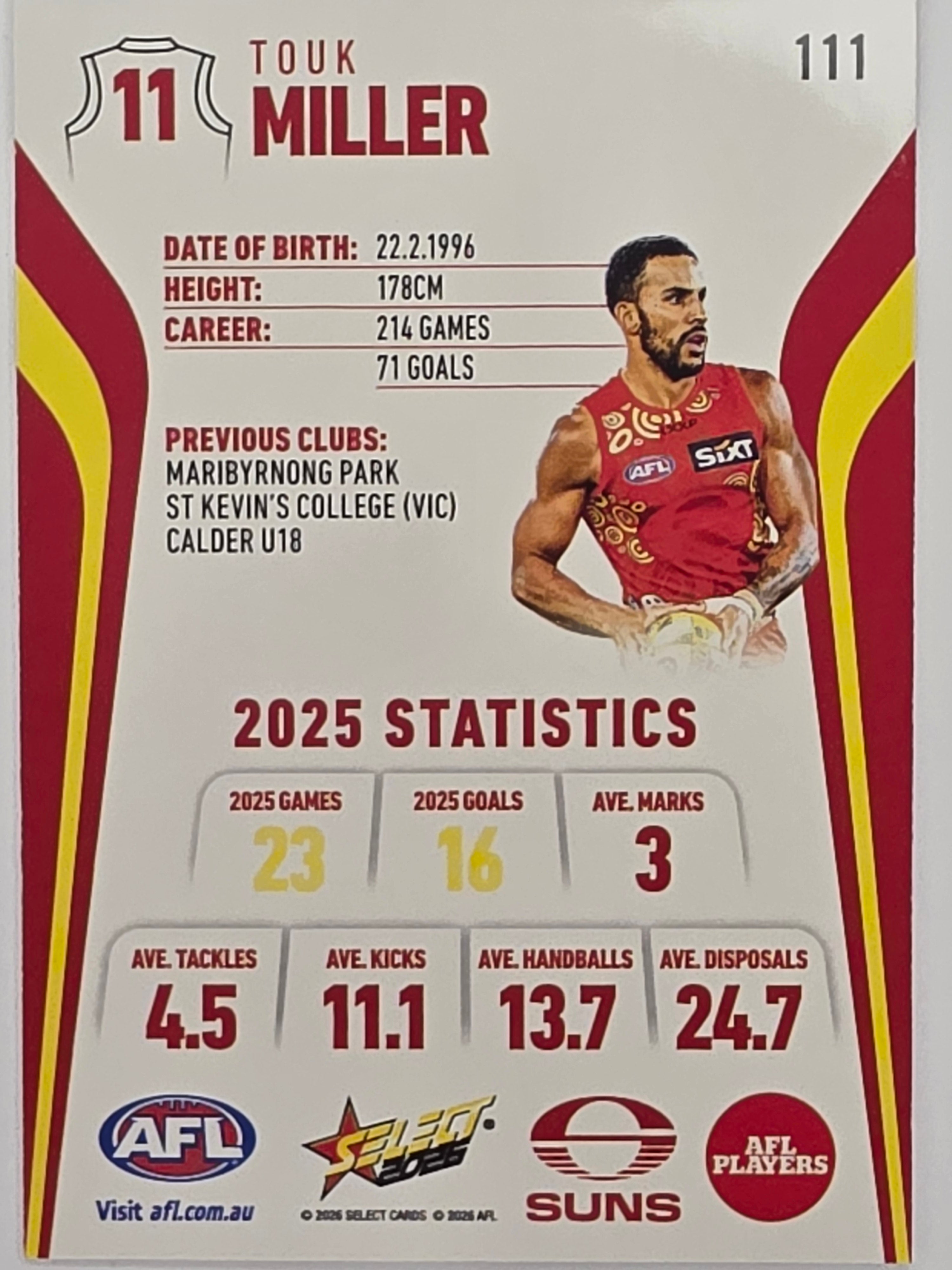 2026 AFL Footy Stars Base Card #111 Touk Miller - Gold Coast Suns