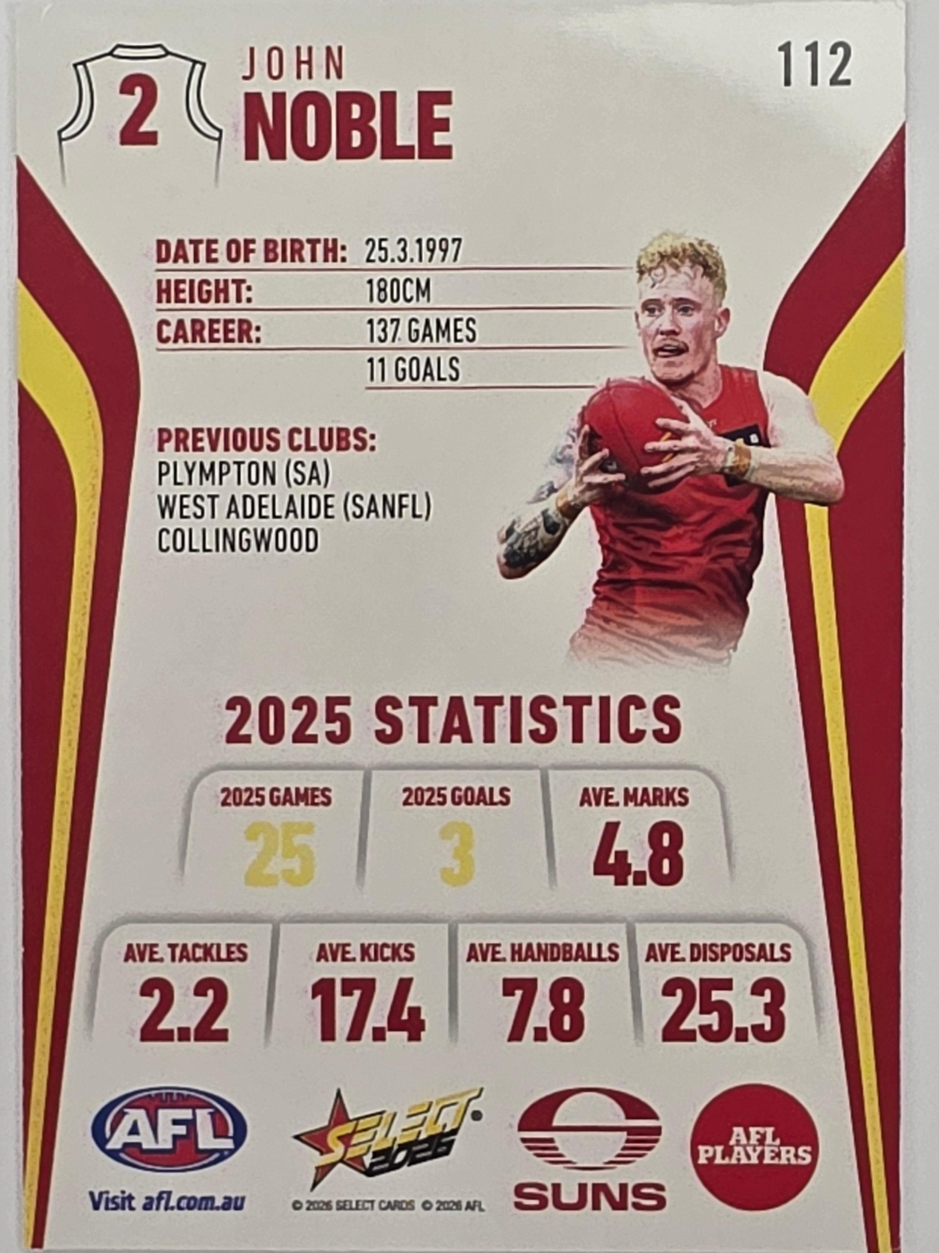 2026 AFL Footy Stars Base Card #112 John Noble - Gold Coast Suns
