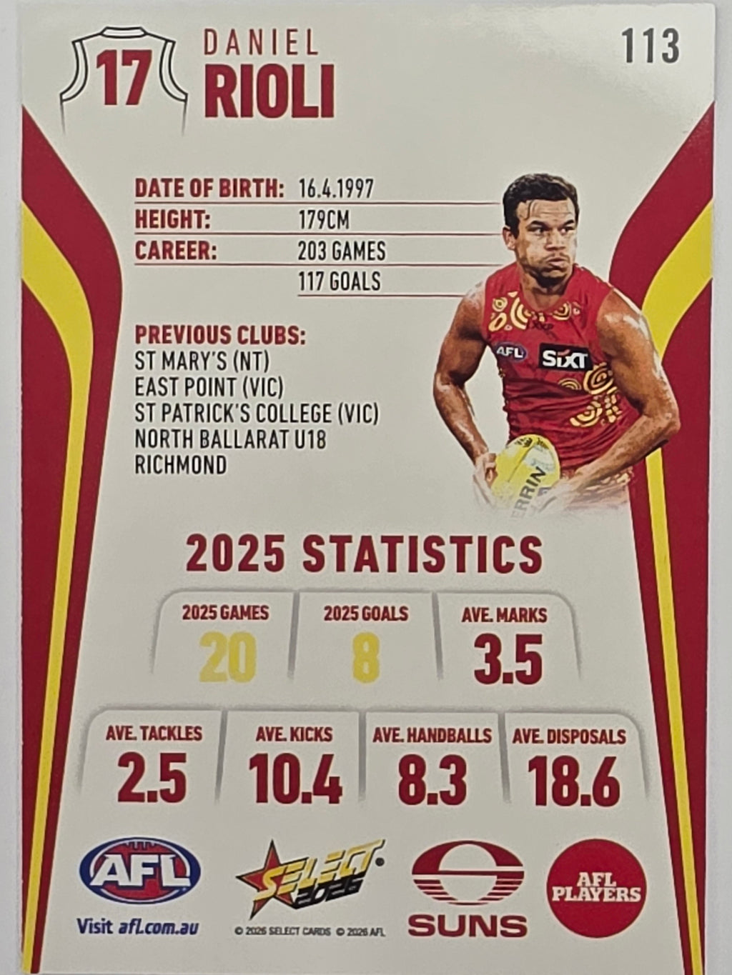 2026 AFL Footy Stars Base Card #113 Daniel Rioli - Gold Coast Suns