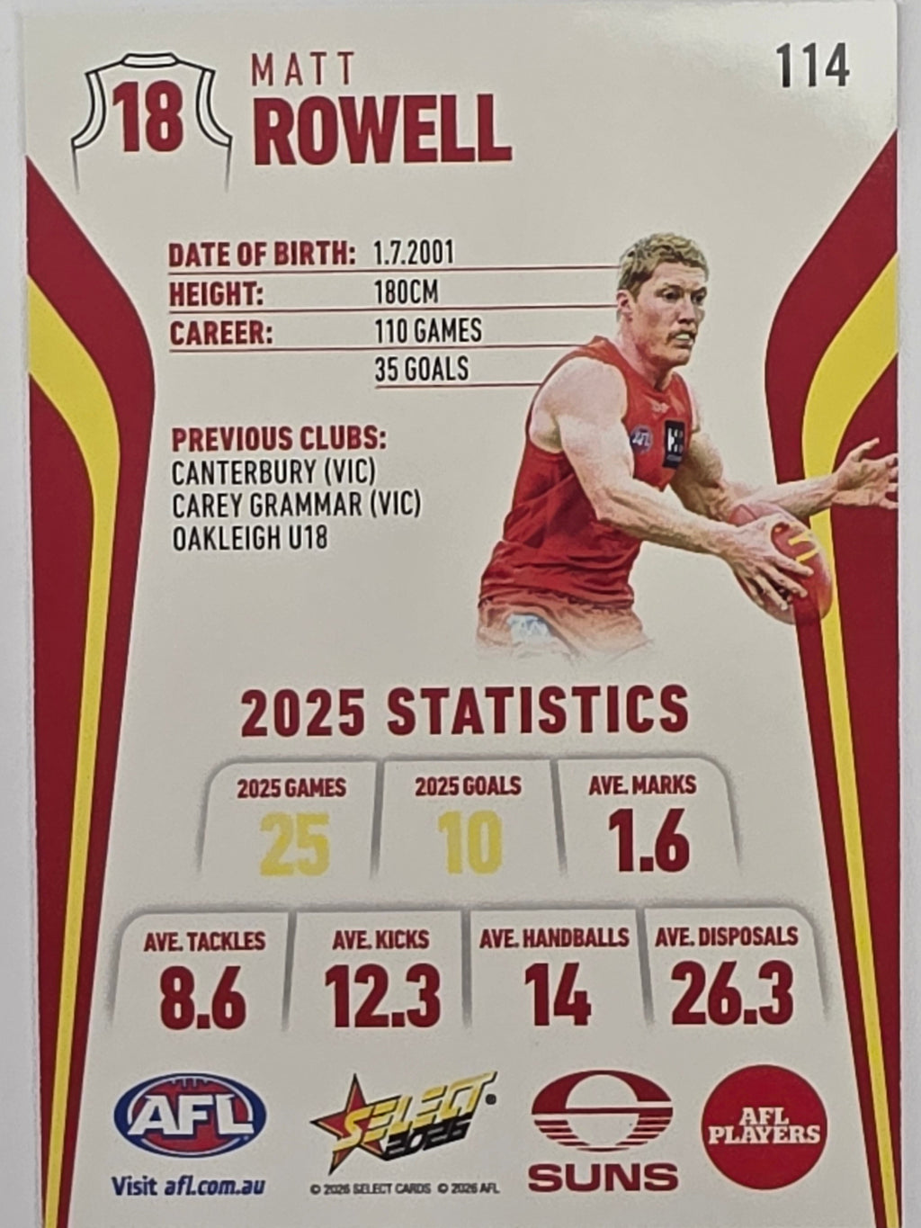 2026 AFL Footy Stars Base Card #114 Matt Rowell - Gold Coast Suns
