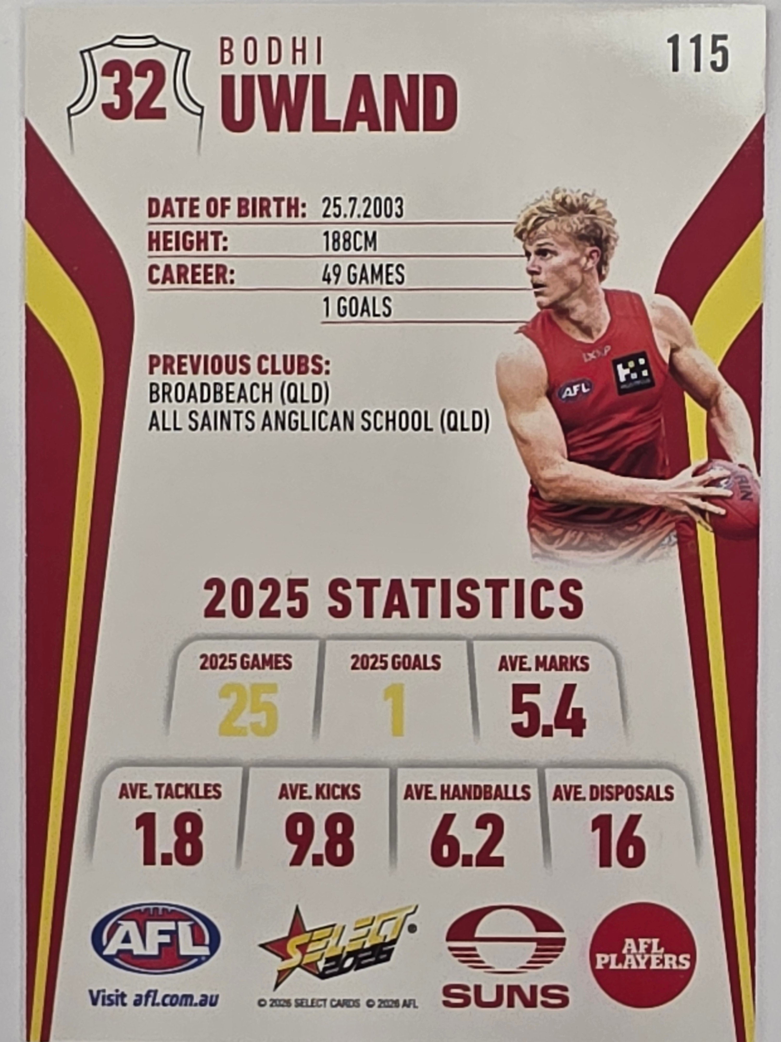 2026 AFL Footy Stars Base Card #115 Bodhi Uwland - Gold Coast Suns