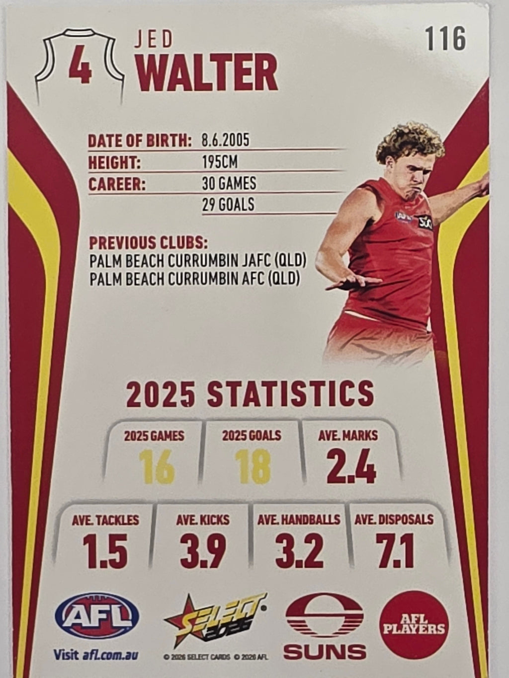 2026 AFL Footy Stars Base Card #116 Jed Walter - Gold Coast Suns