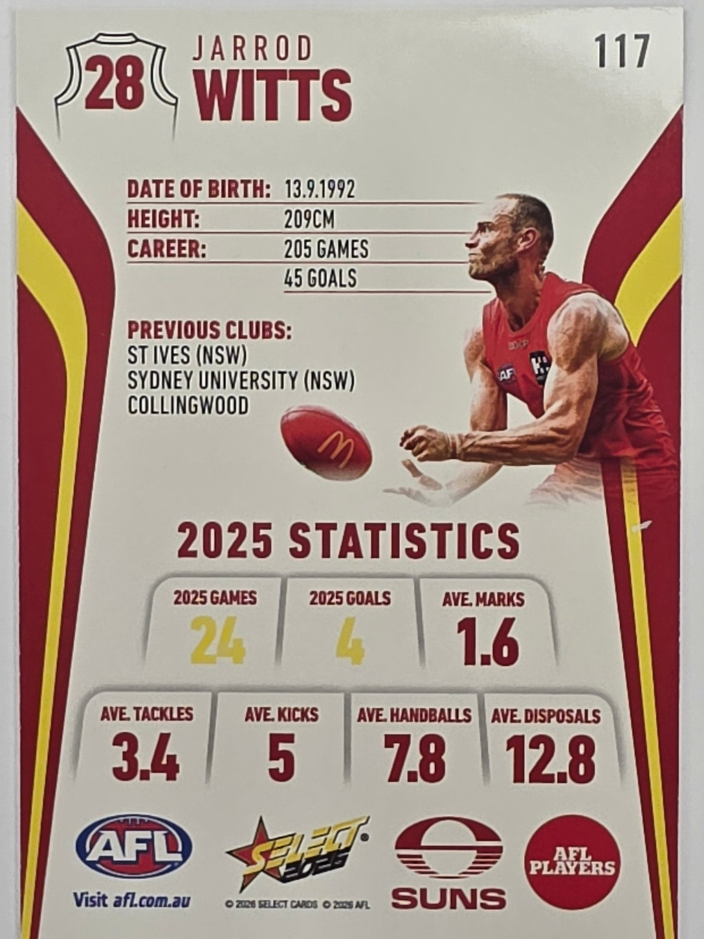2026 AFL Footy Stars Base Card #117 Jarrod Witts - Gold Coast Suns