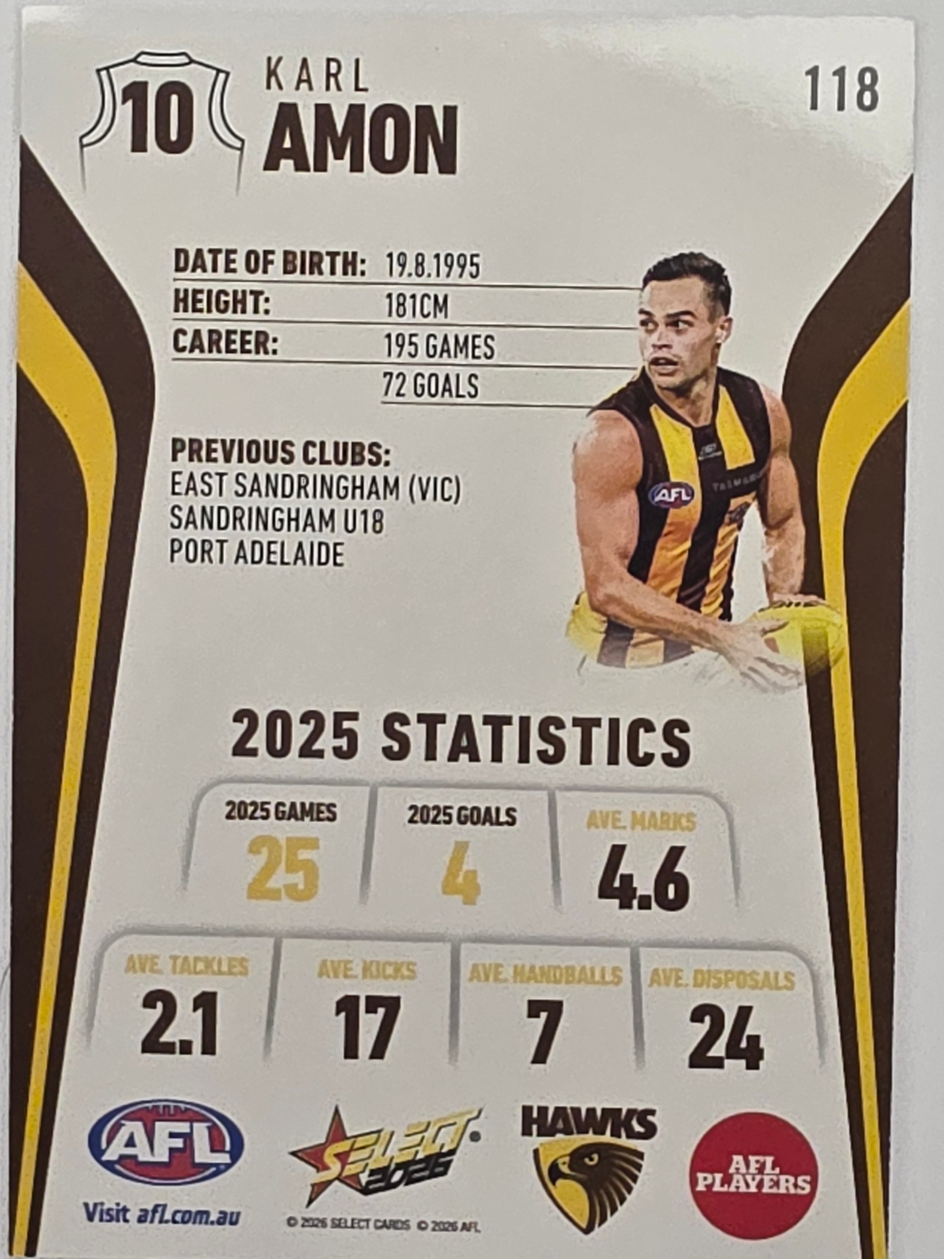 2026 AFL Footy Stars Base Card #118 Karl Amon - Hawthorn Hawks