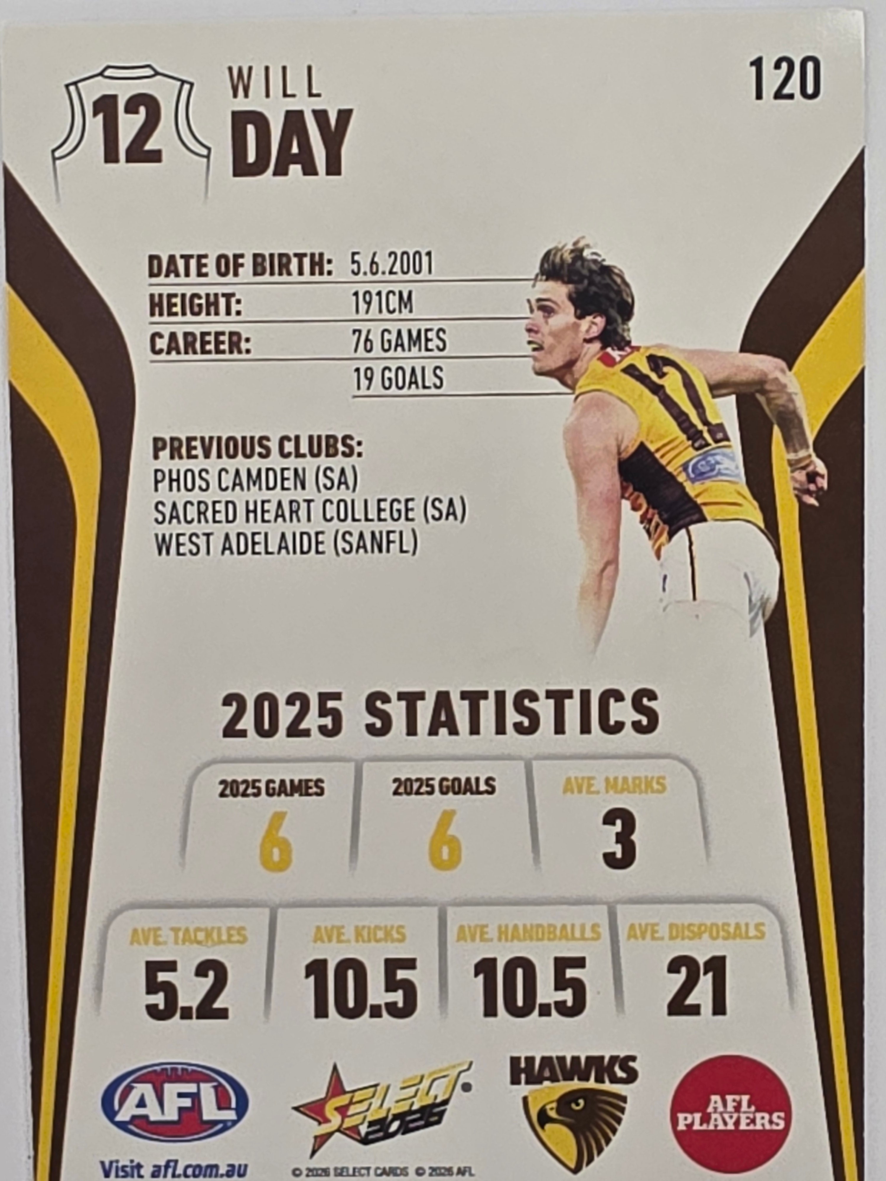 2026 AFL Footy Stars Base Card #120 Will Day - Hawthorn Hawks
