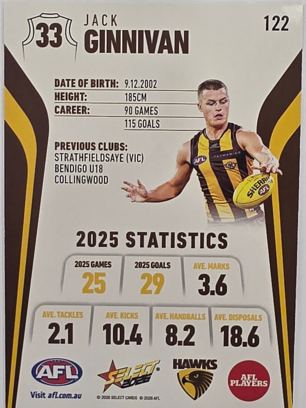 2026 AFL Footy Stars Base Card #122 Jack Ginnivan - Hawthorn Hawks