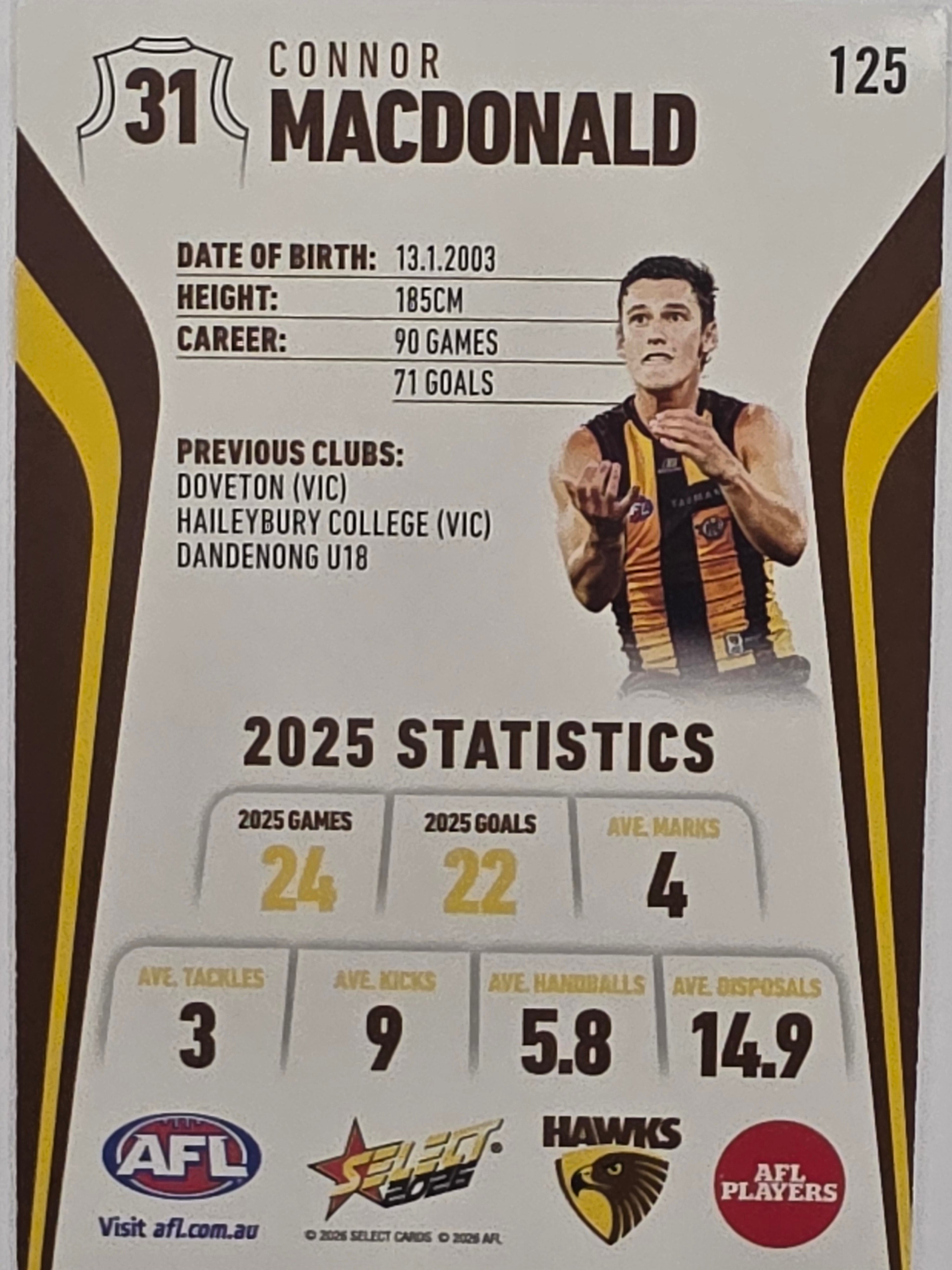 2026 AFL Footy Stars Base Card #125 Connor Macdonald - Hawthorn Hawks
