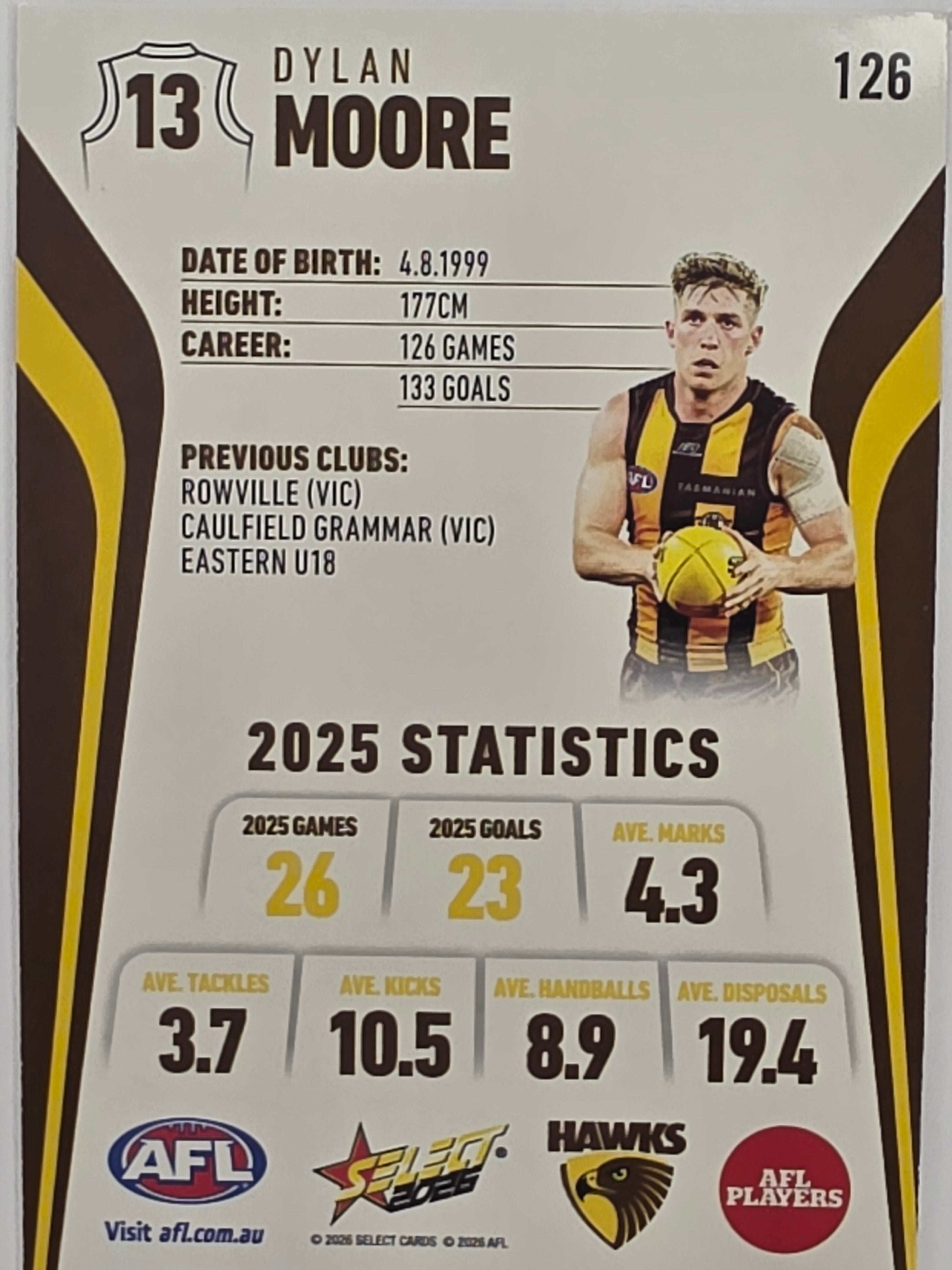 2026 AFL Footy Stars Base Card #126 Dylan Moore - Hawthorn Hawks