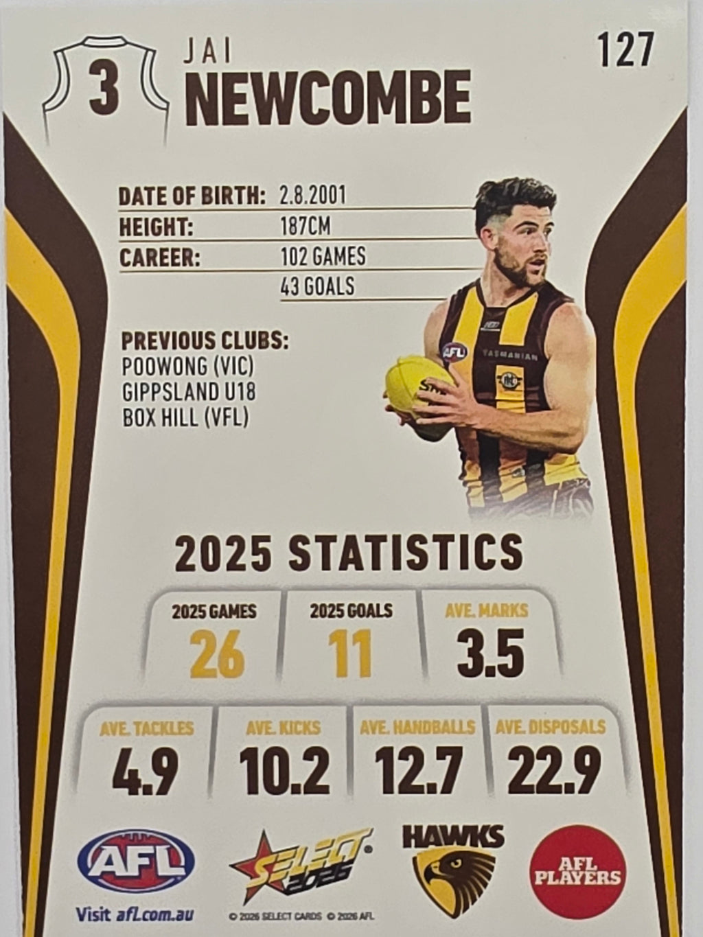 2026 AFL Footy Stars Base Card #127 Jai Newcombe - Hawthorn Hawks
