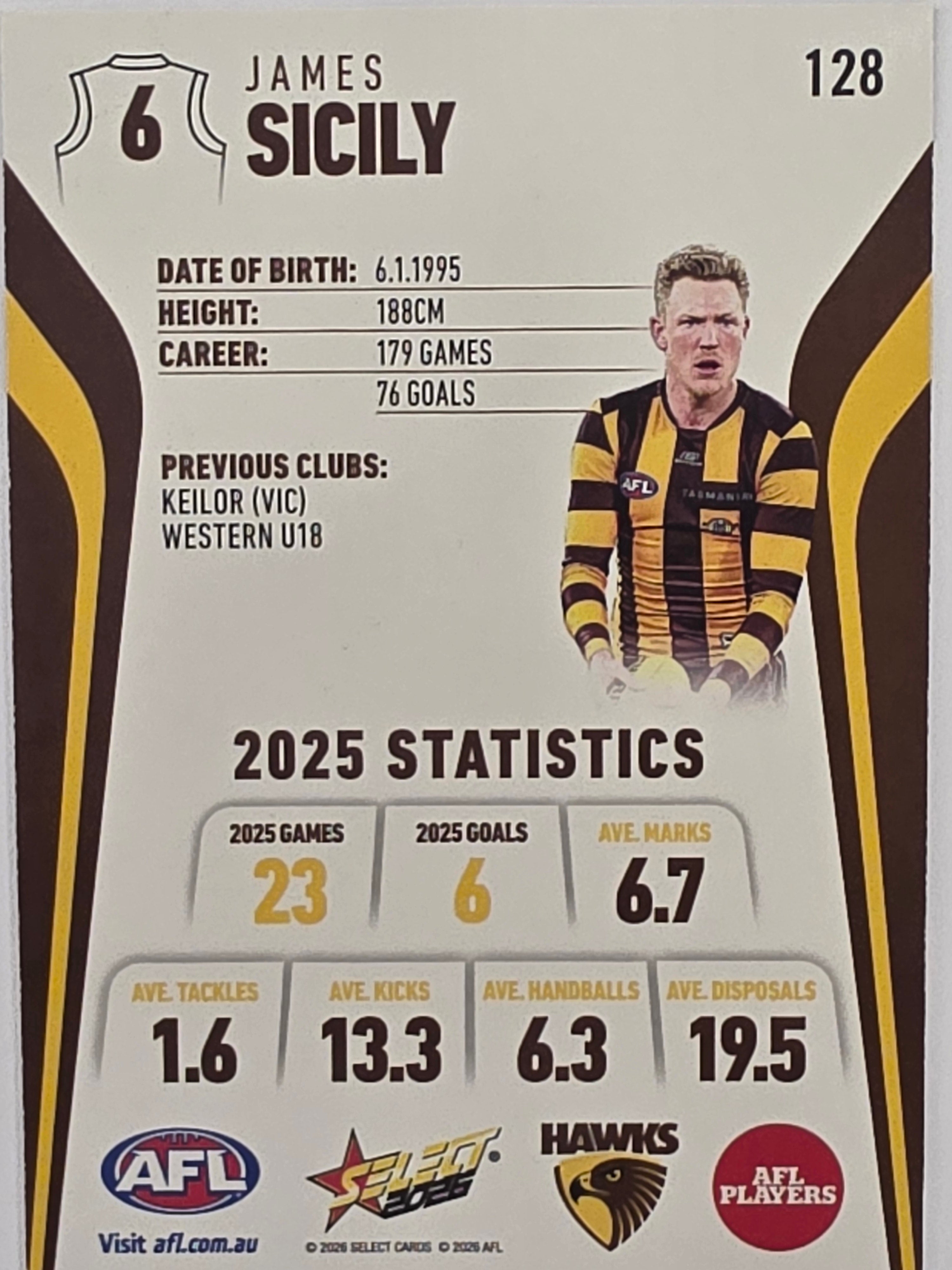 2026 AFL Footy Stars Base Card #128 James Sicily - Hawthorn Hawks