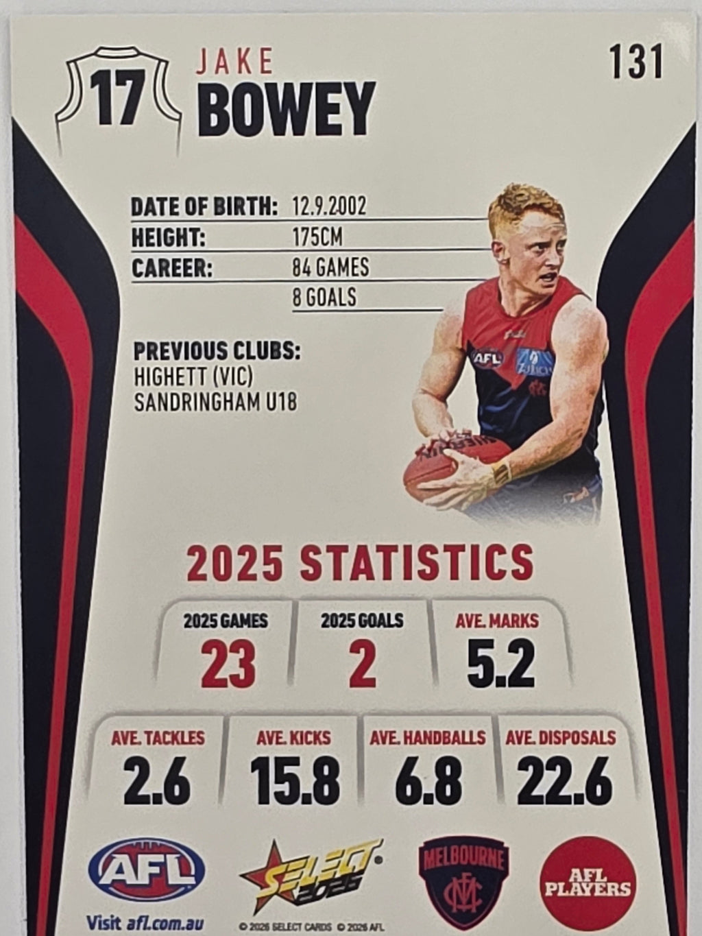 2026 AFL Footy Stars Base Card #131 Jake Bowey - Melbourne Demons