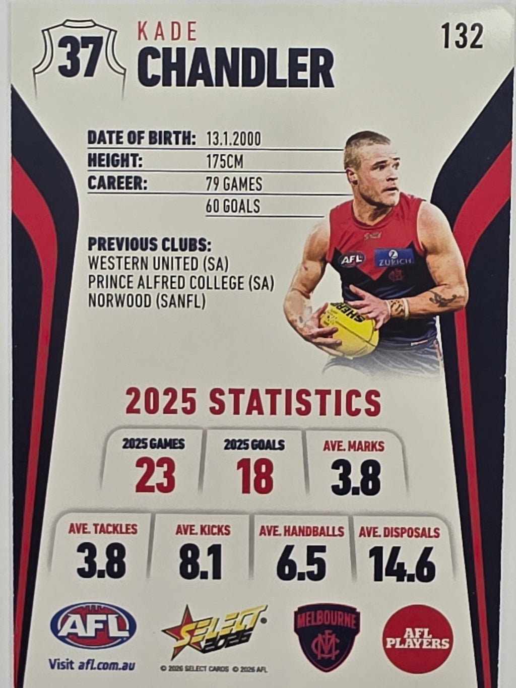 2026 AFL Footy Stars Base Card #132 Kade Chandler - Melbourne Demons