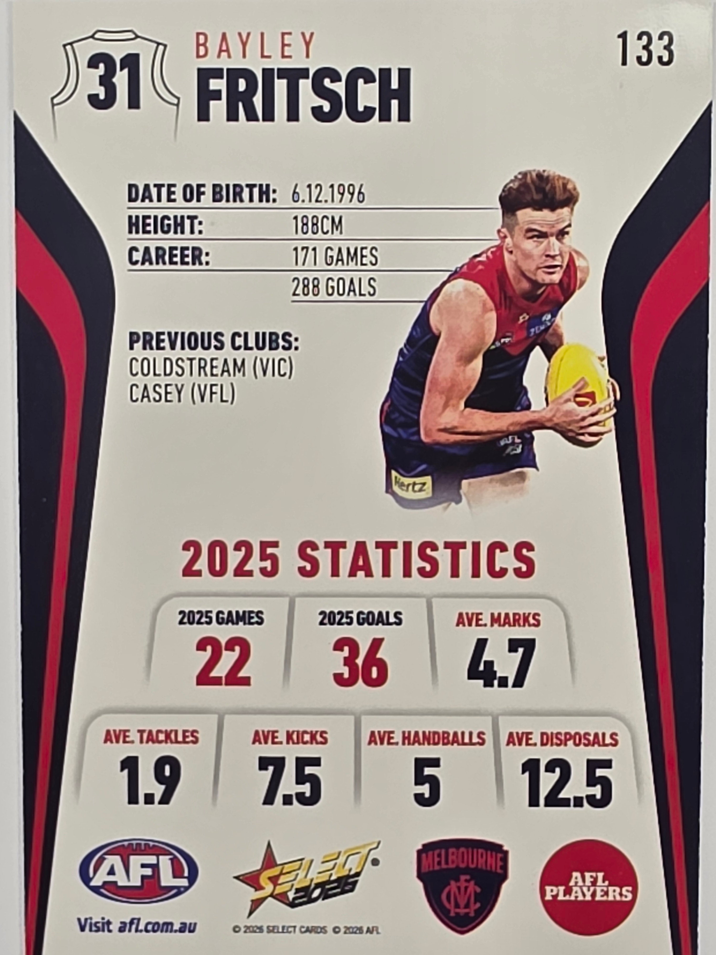 2026 AFL Footy Stars Base Card #133 Bayley Fritsch - Melbourne Demons