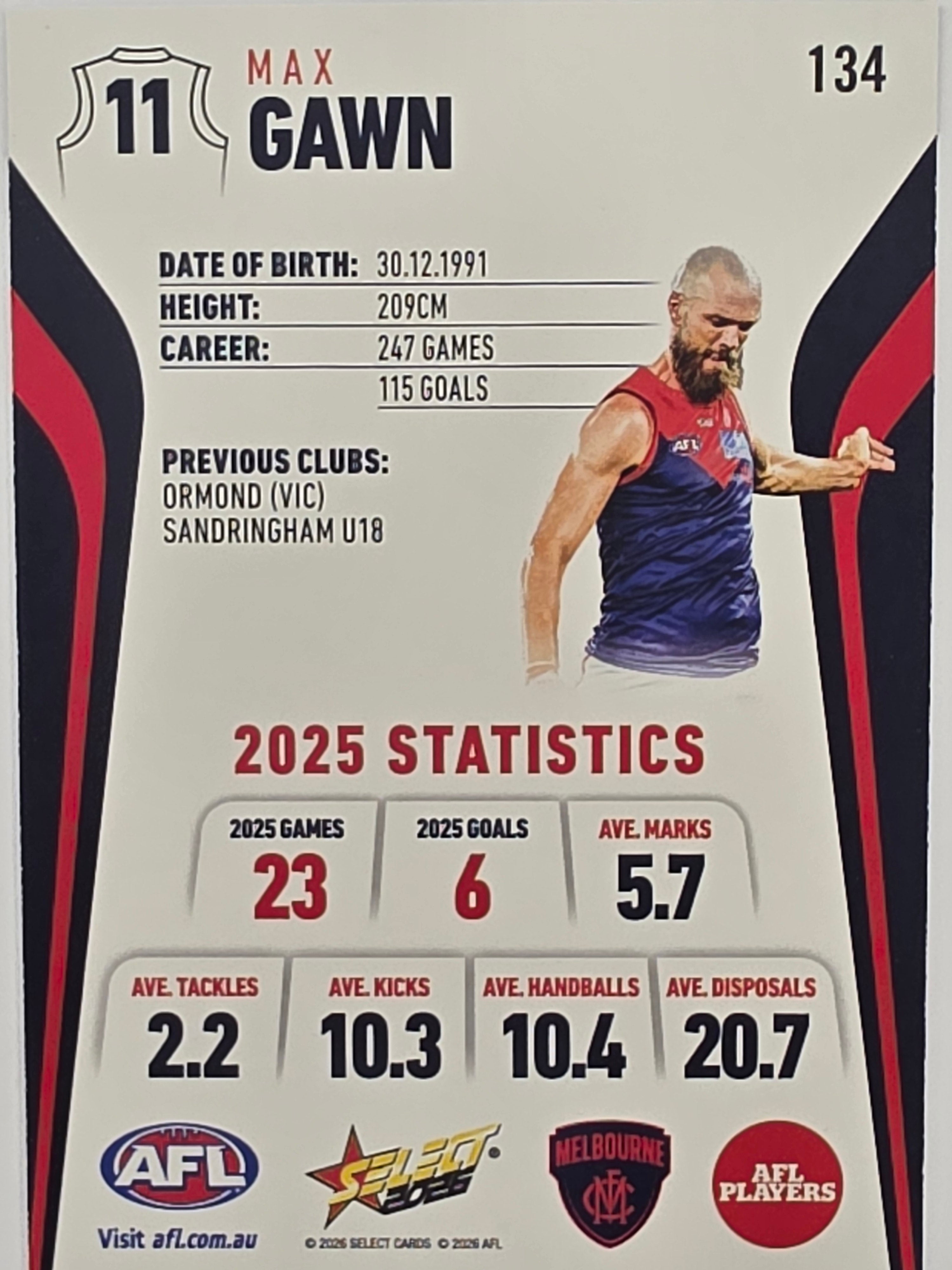 2026 AFL Footy Stars Base Card #134 Max Gawn - Melbourne Demons