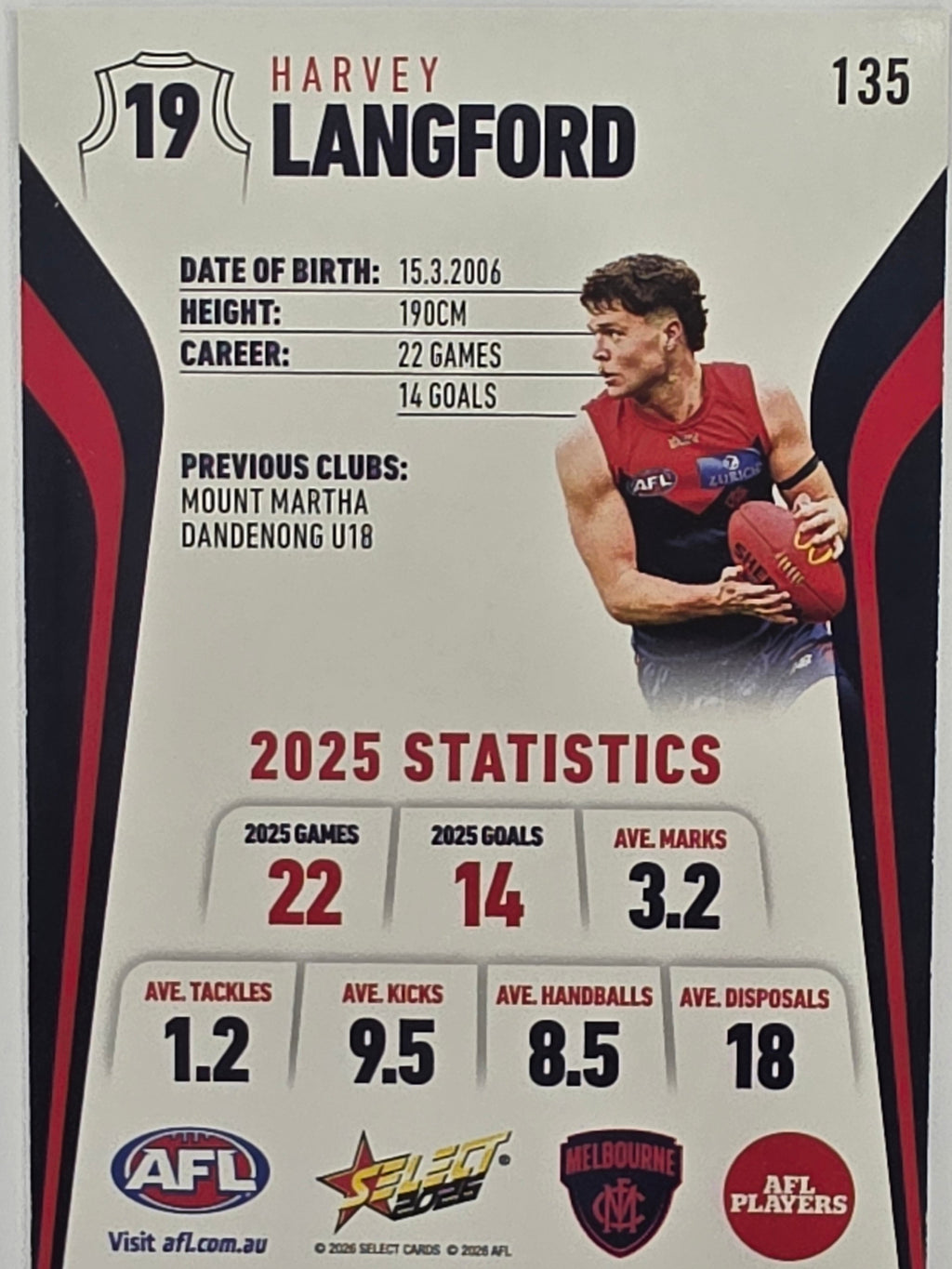 2026 AFL Footy Stars Base Card #135 Harvey Langford - Melbourne Demons