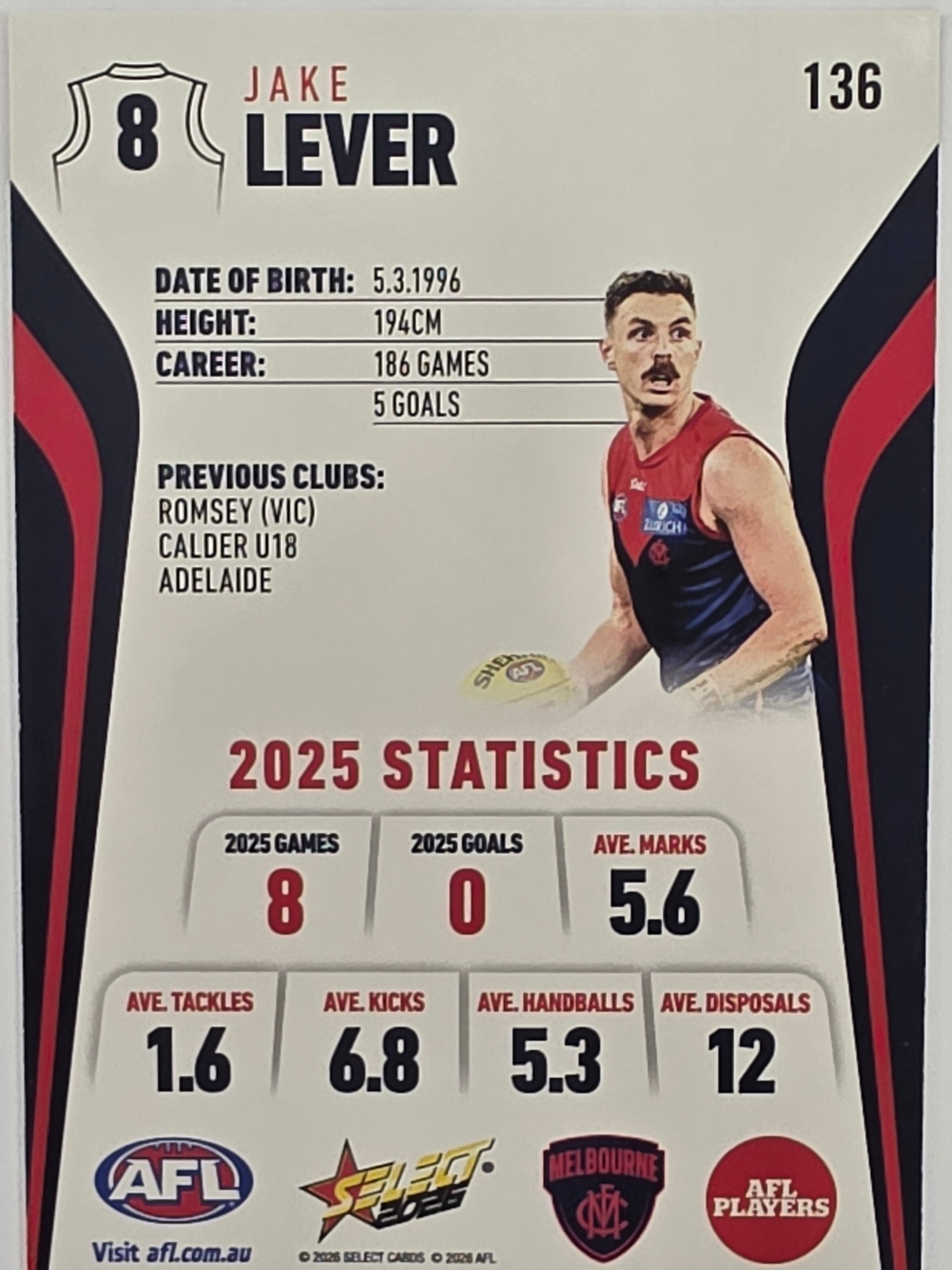 2026 AFL Footy Stars Base Card #136 Jake Lever - Melbourne Demons