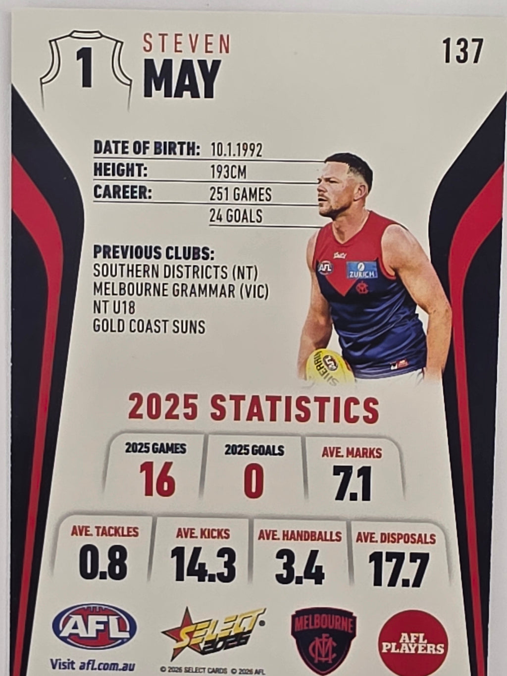 2026 AFL Footy Stars Base Card #137 Steven May - Melbourne Demons