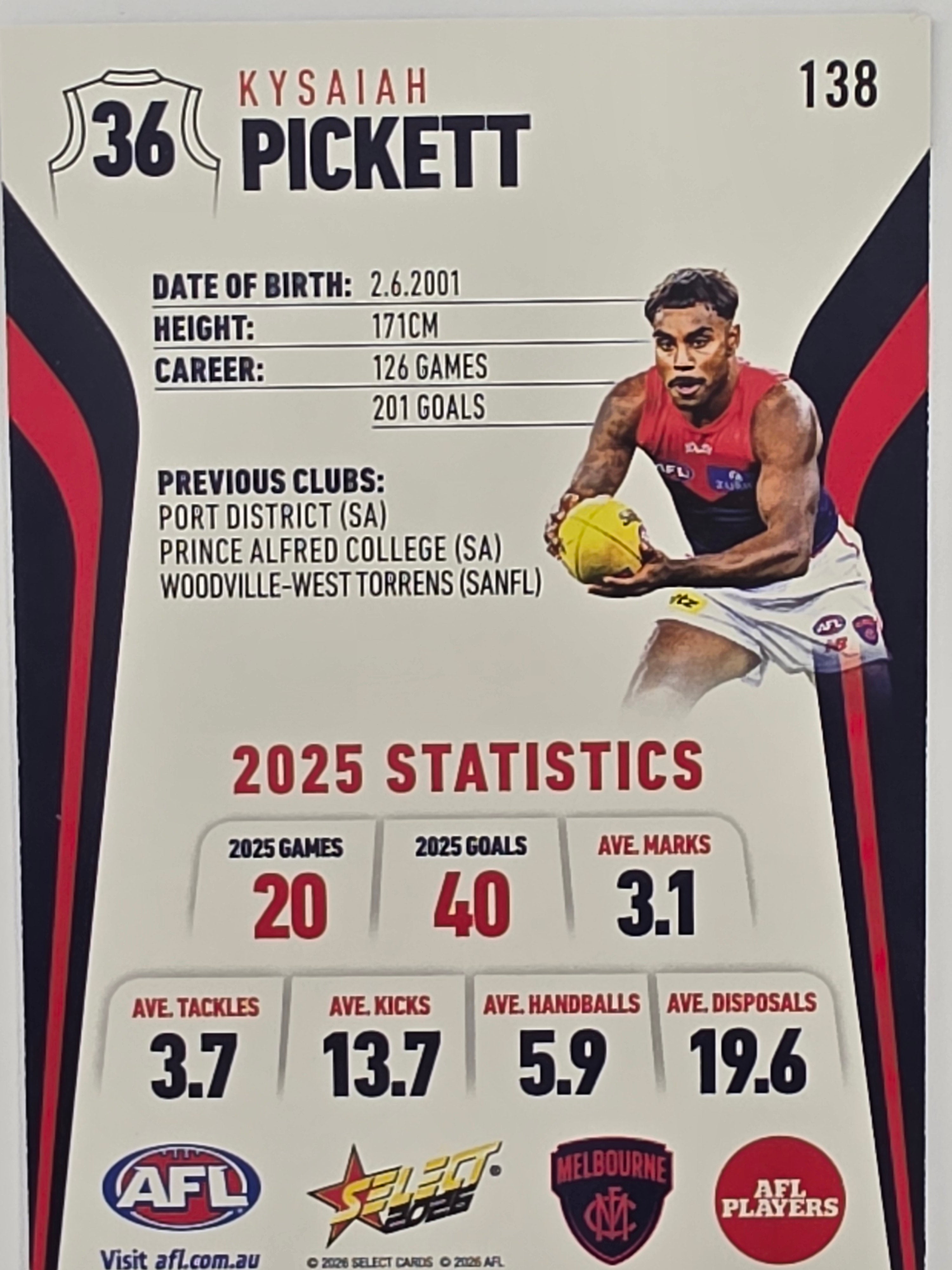 2026 AFL Footy Stars Base Card #138 Kysaiah Pickett - Melbourne Demons