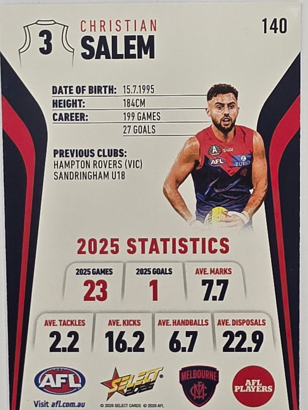 2026 AFL Footy Stars Base Card #140 Christian Salem - Melbourne Demons