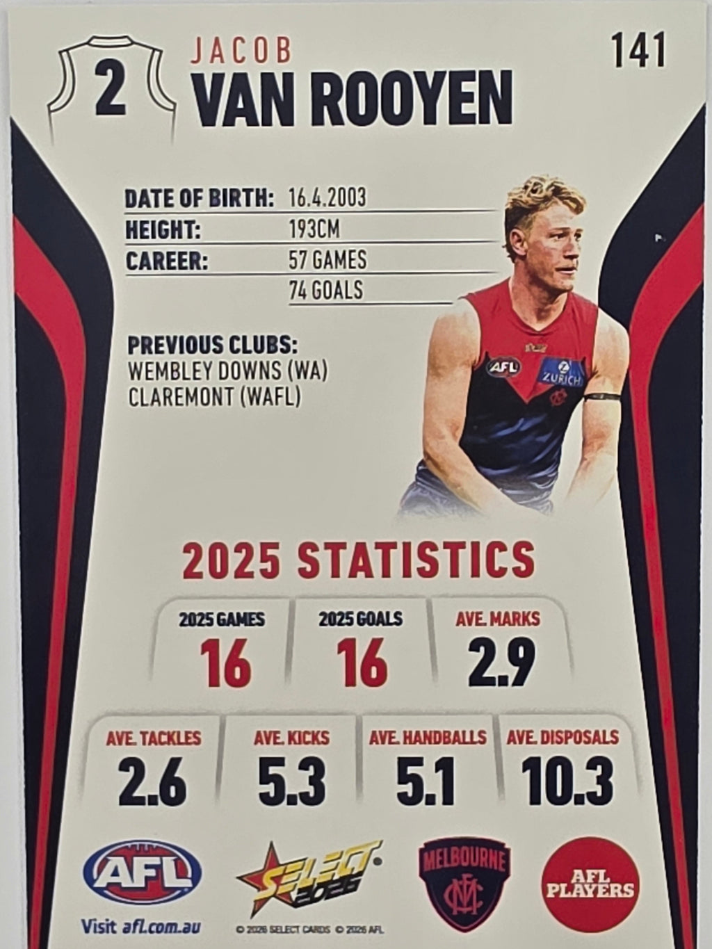 2026 AFL Footy Stars Base Card #141 Jacob Van Rooyen - Melbourne Demons