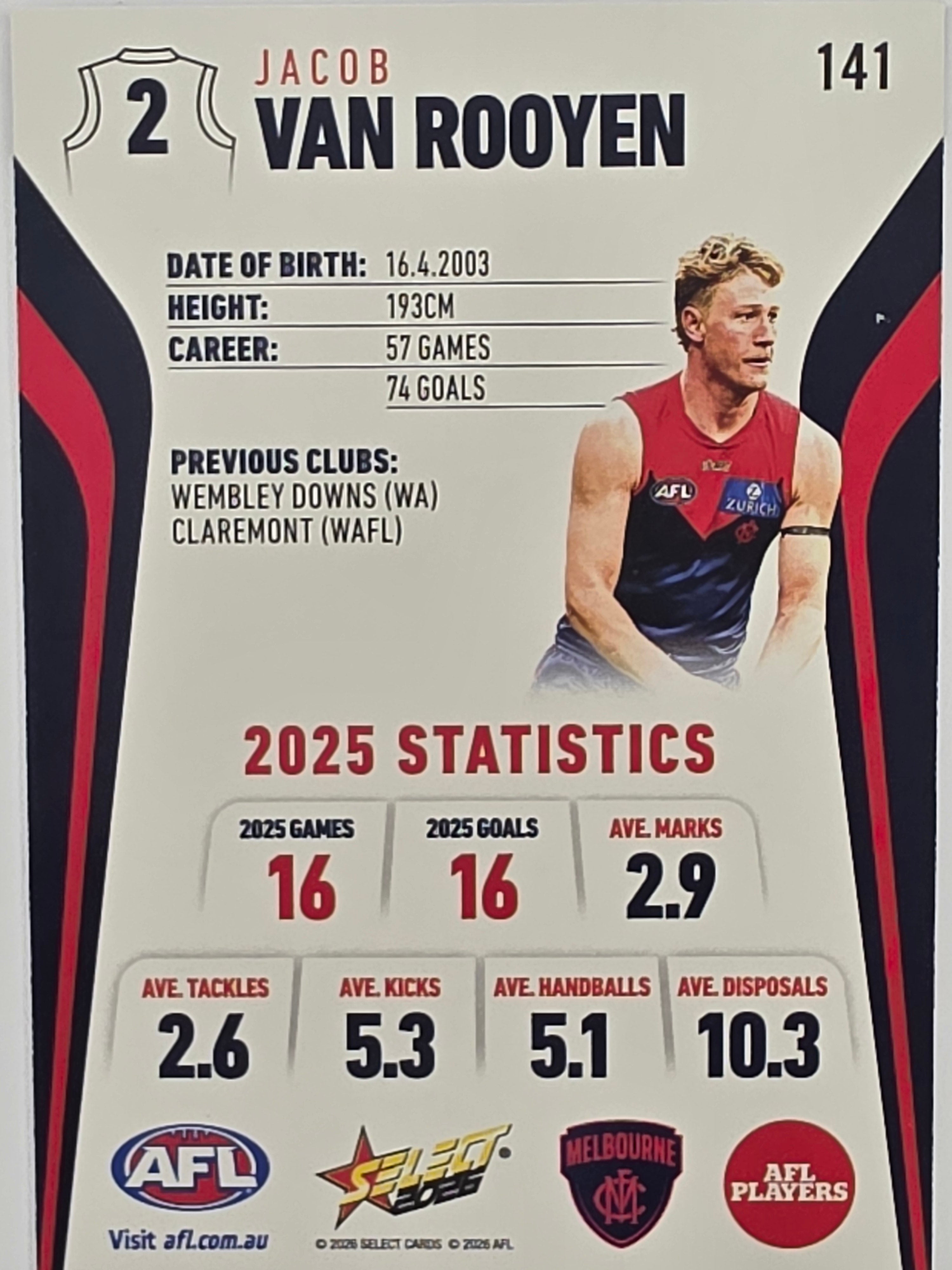 2026 AFL Footy Stars Base Card #141 Jacob Van Rooyen - Melbourne Demons