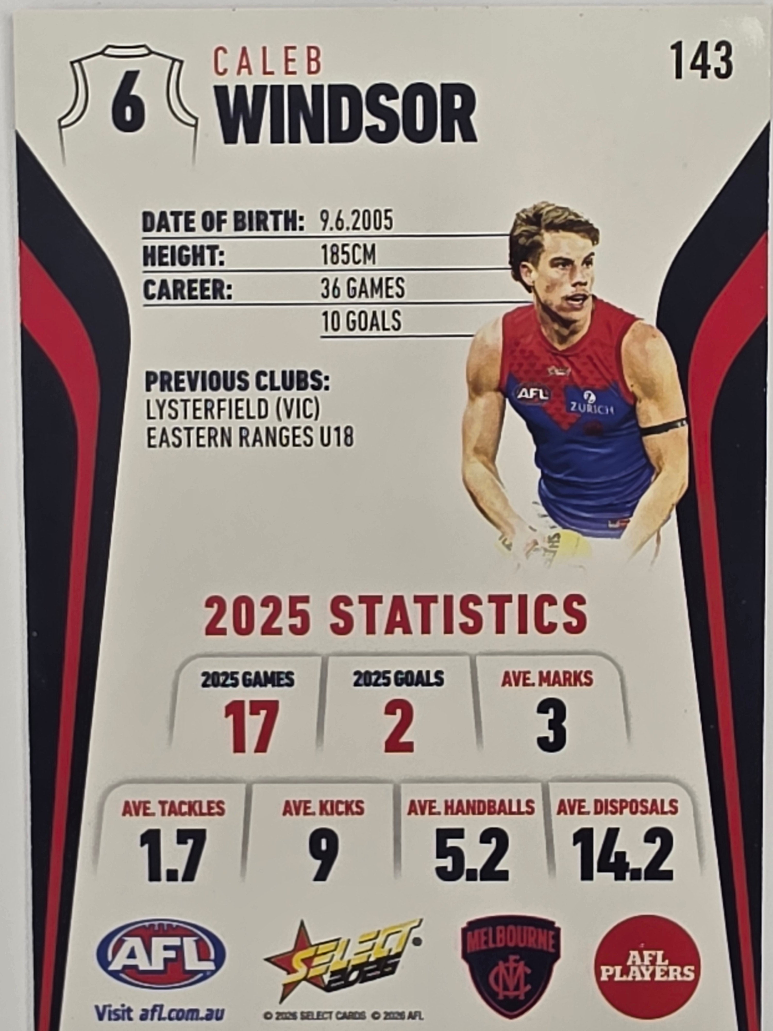 2026 AFL Footy Stars Base Card #143 Caleb Windsor - Melbourne Demons