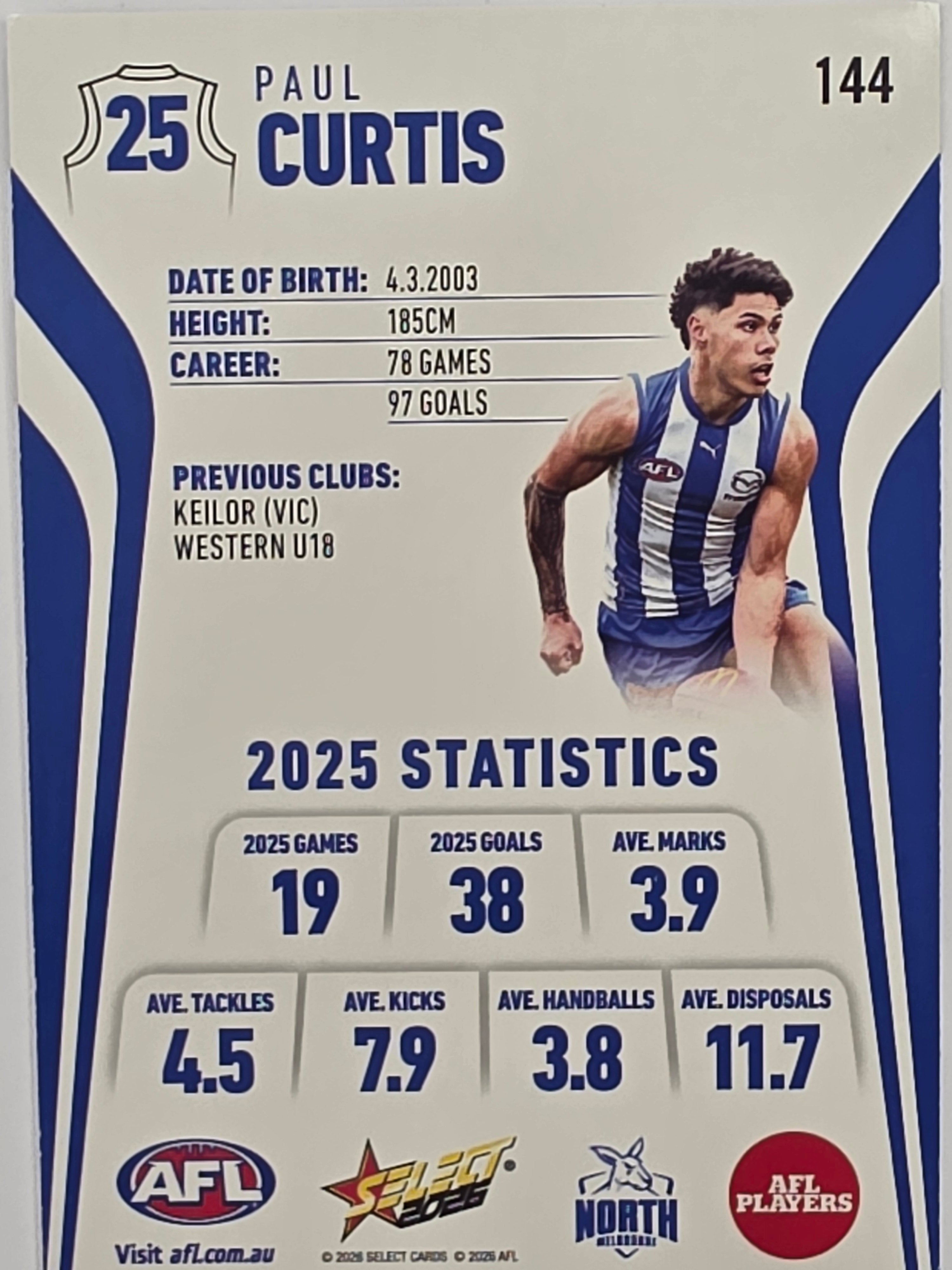 2026 AFL Footy Stars Base Card #144 Paul Curtis - North Melbourne Kangaroos