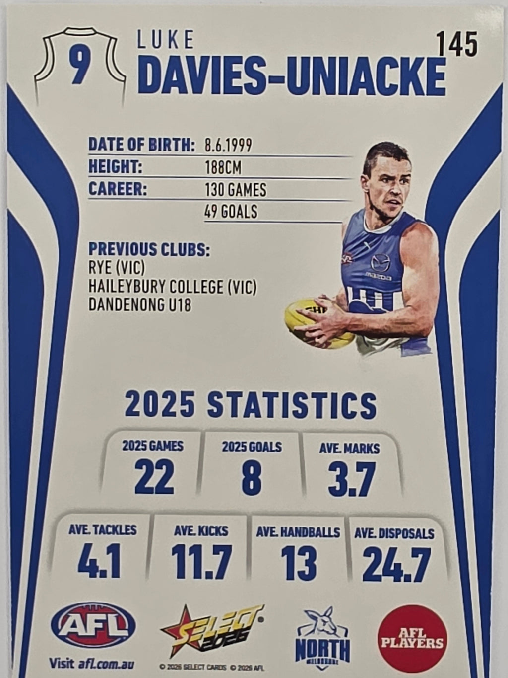 2026 AFL Footy Stars Base Card #145 Luke Davies-Uniacke - North Melbourne Kangaroos