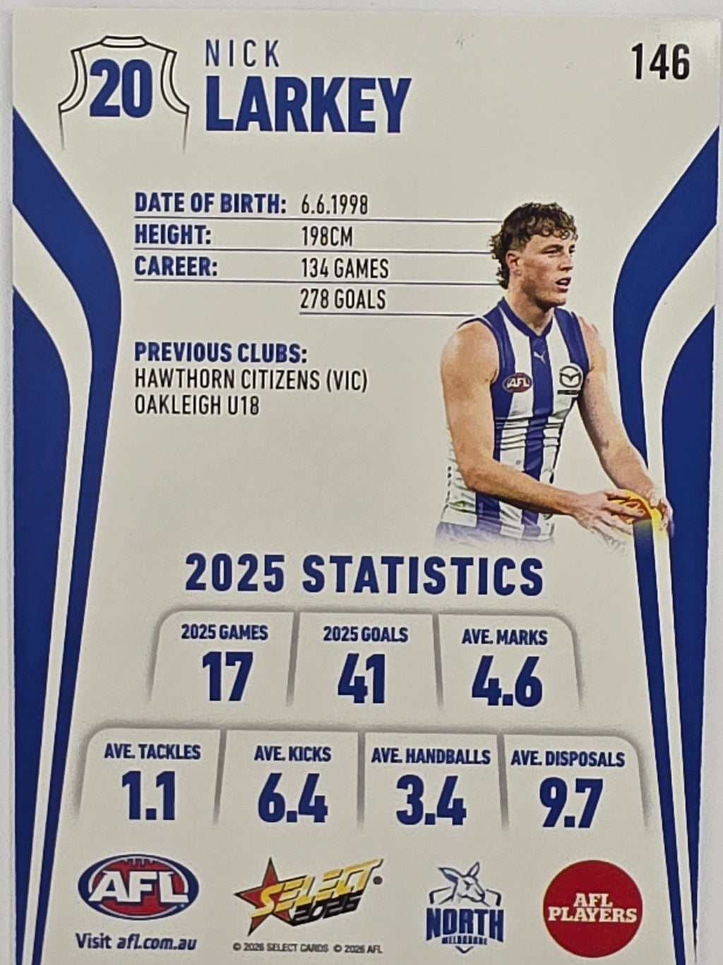 2026 AFL Footy Stars Base Card #146 Nick Larkey - North Melbourne Kangaroos