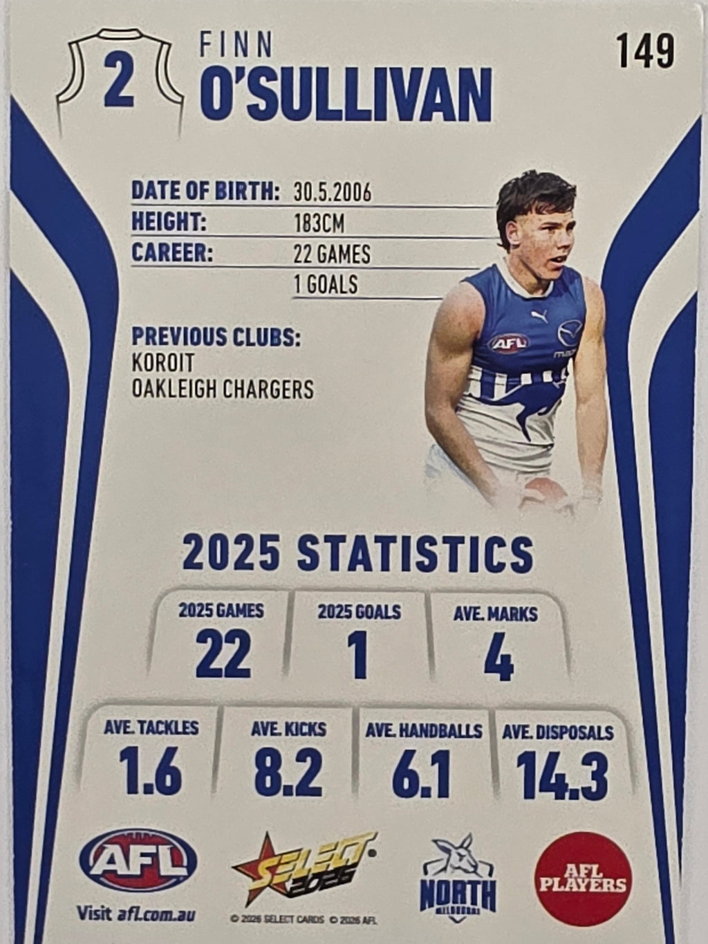 2026 AFL Footy Stars Base Card #149 Finn O’Sullivan - North Melbourne Kangaroos