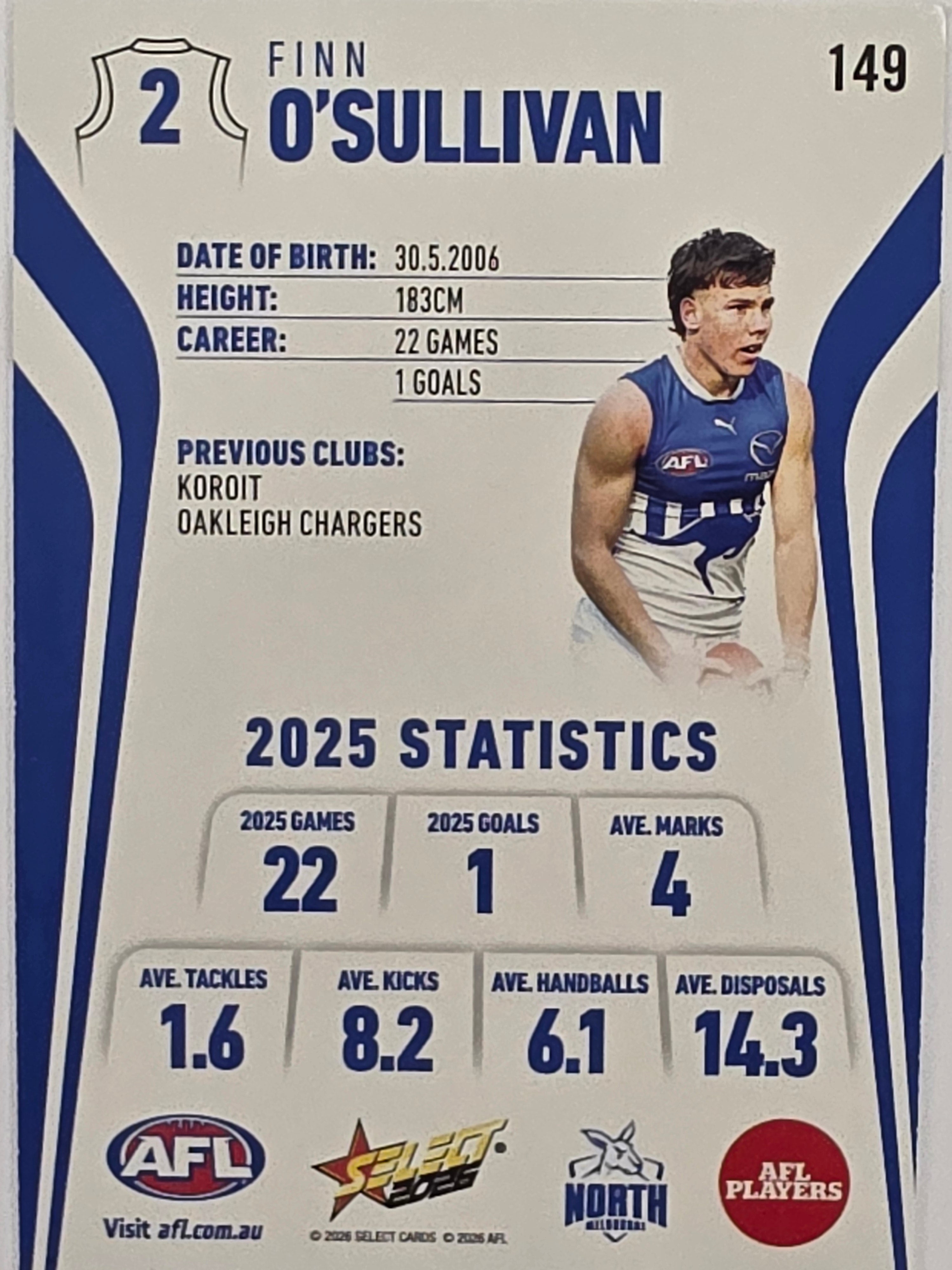 2026 AFL Footy Stars Base Card #149 Finn O’Sullivan - North Melbourne Kangaroos