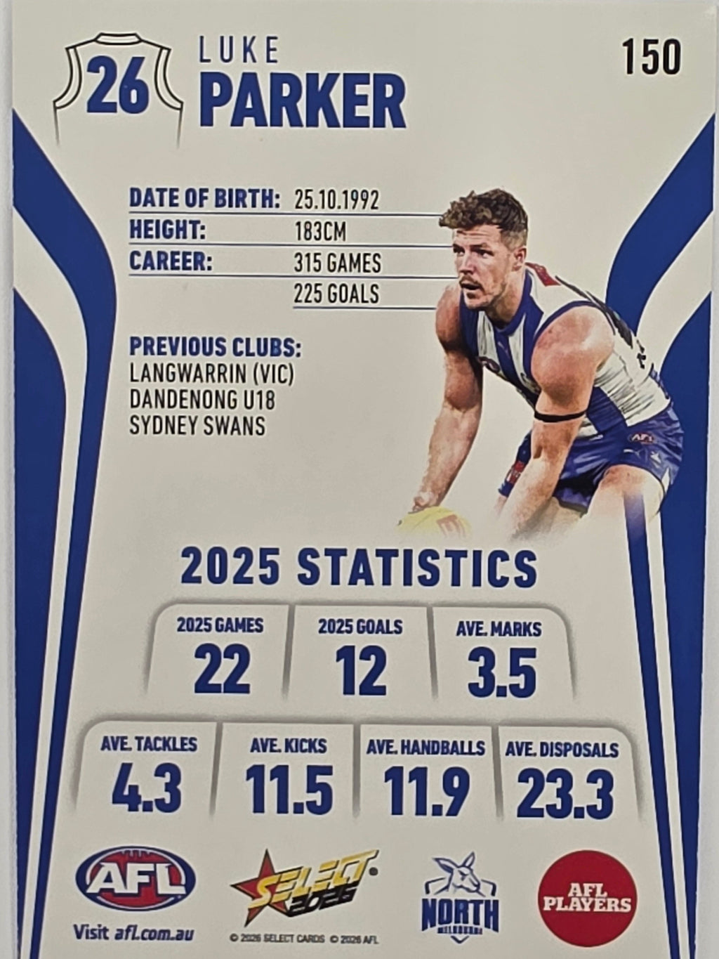 2026 AFL Footy Stars Base Card #150 Luke Parker - North Melbourne Kangaroos