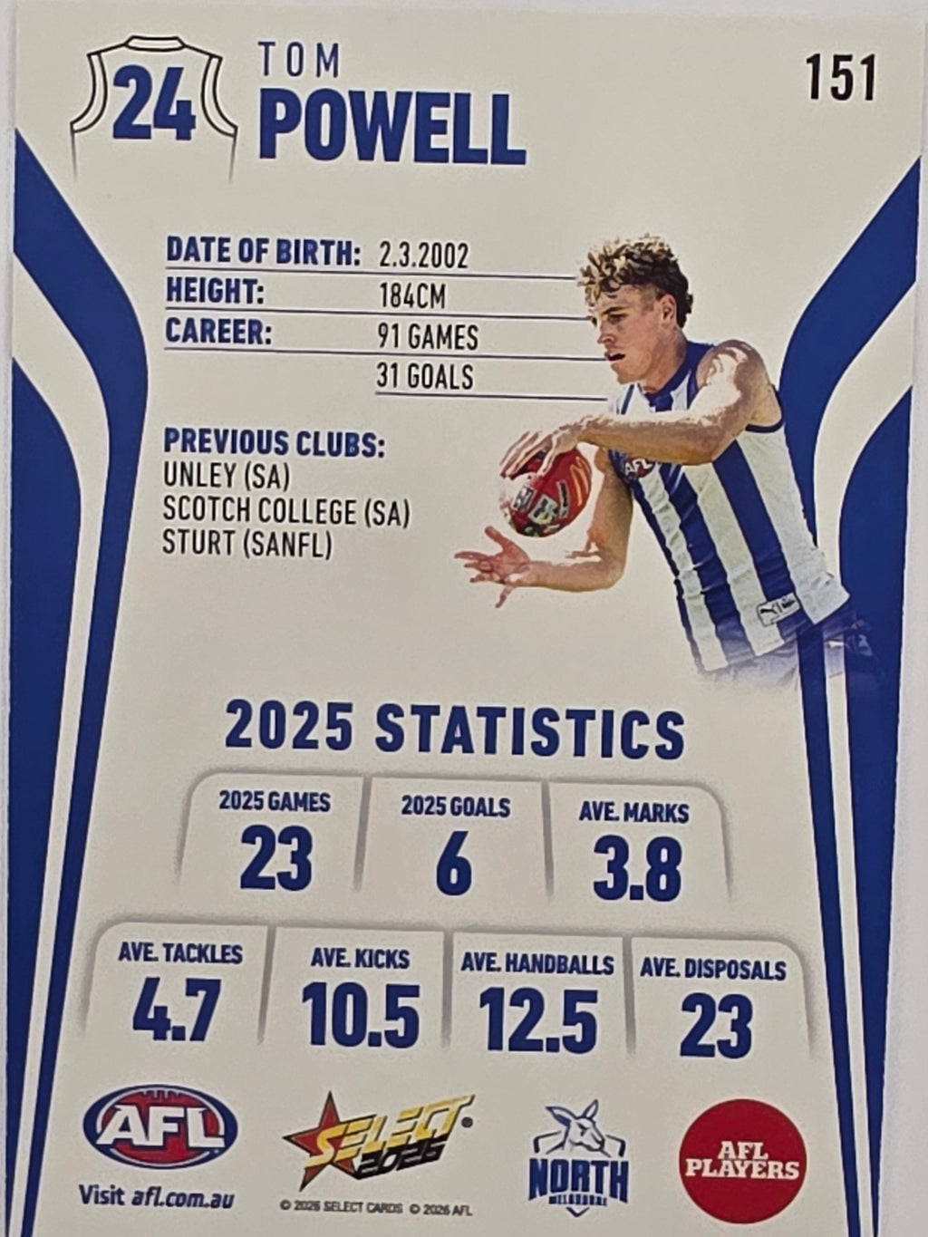 2026 AFL Footy Stars Base Card #151 Tom Powell - North Melbourne Kangaroos