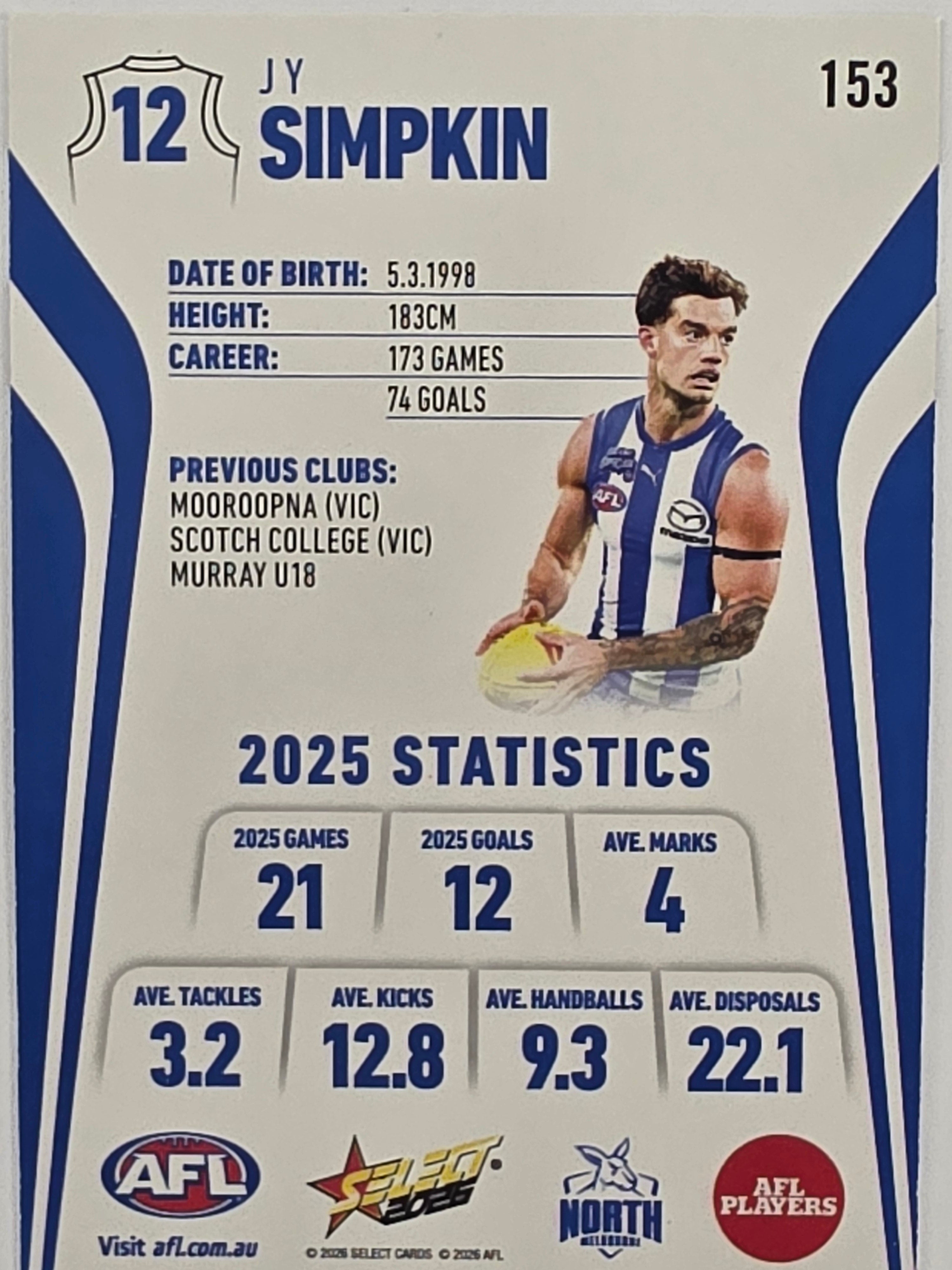 2026 AFL Footy Stars Base Card #153 Jy Simpkin - North Melbourne Kangaroos