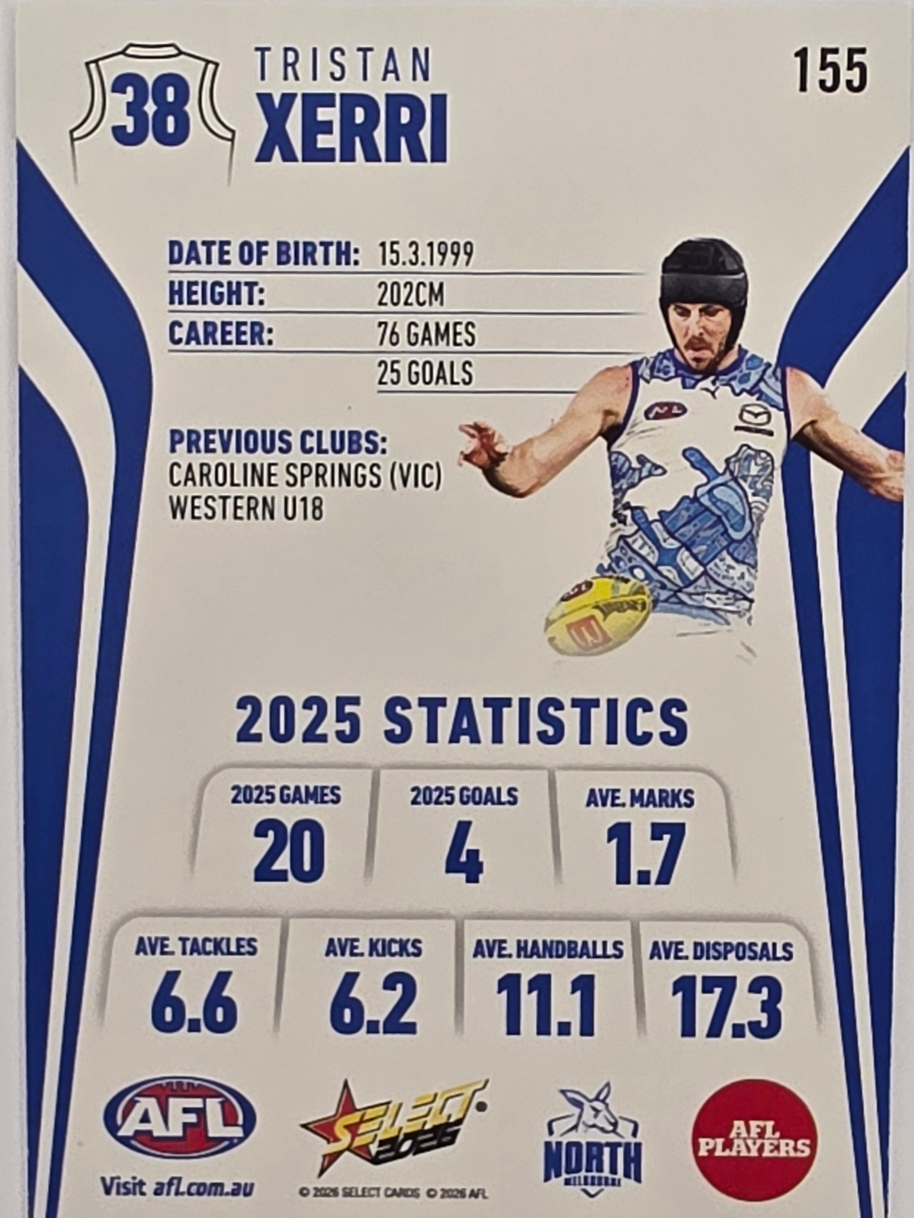 2026 AFL Footy Stars Base Card #155 Tristan Xerri - North Melbourne Kangaroos