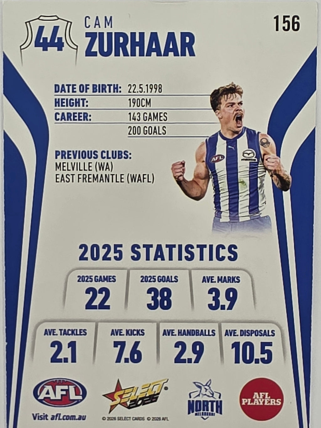 2026 AFL Footy Stars Base Card #156 Cam Zurhaar - North Melbourne Kangaroos