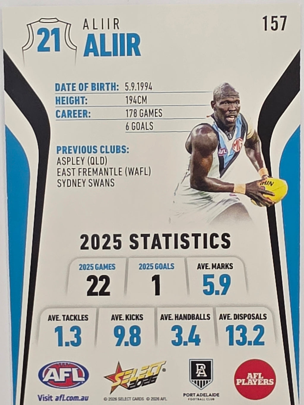 2026 AFL Footy Stars Base Card #157 Aliir Aliir - Port Adelaide Power