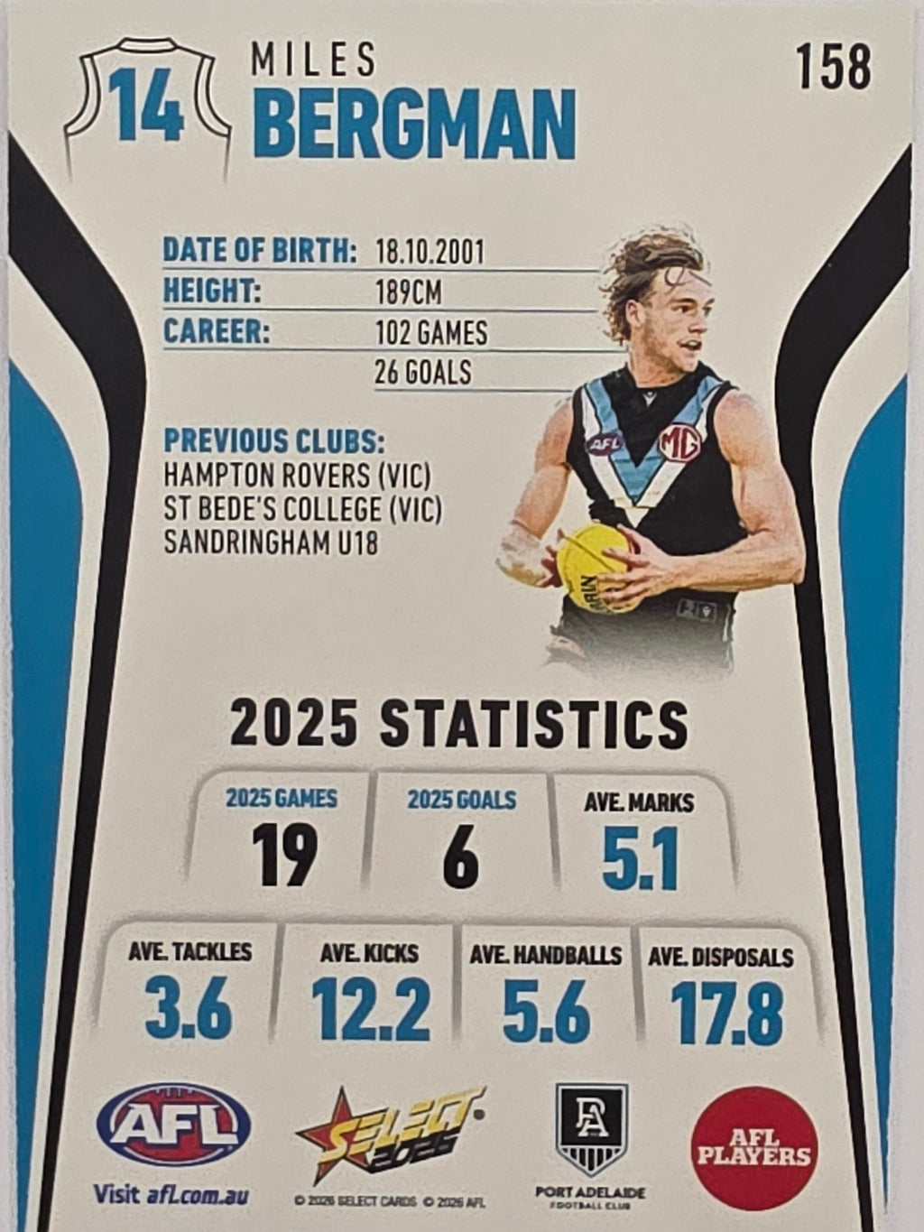2026 AFL Footy Stars Base Card #158 Miles Bergman - Port Adelaide Power