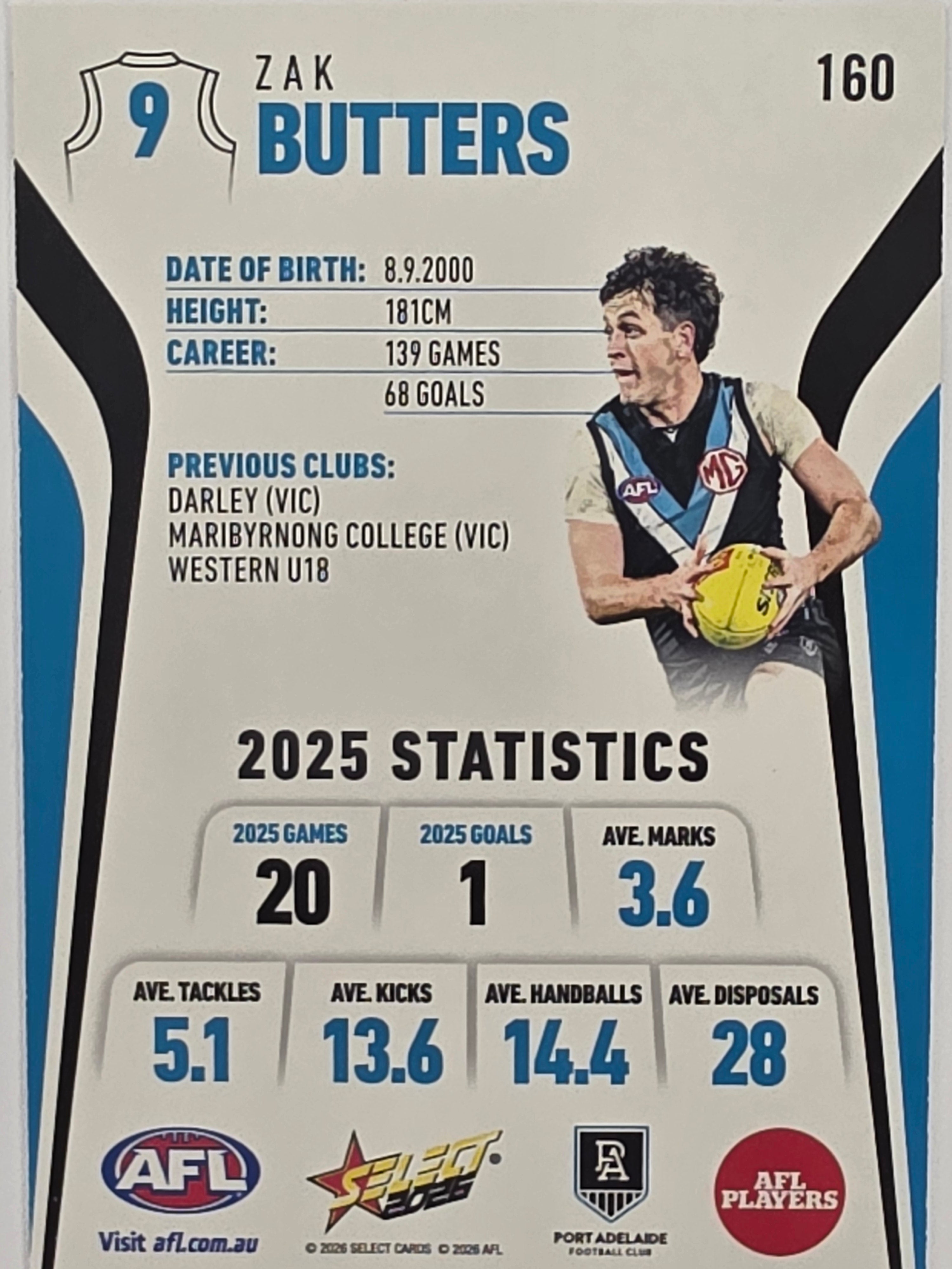 2026 AFL Footy Stars Base Card #160 Zak Butters - Port Adelaide Power