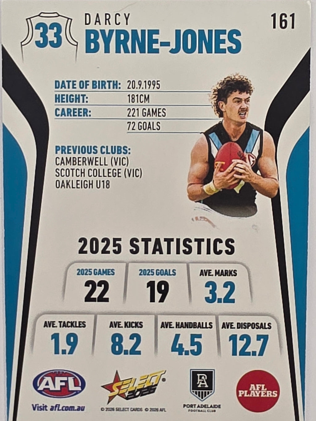 2026 AFL Footy Stars Base Card #161 Darcy Byrne-Jones - Port Adelaide Power