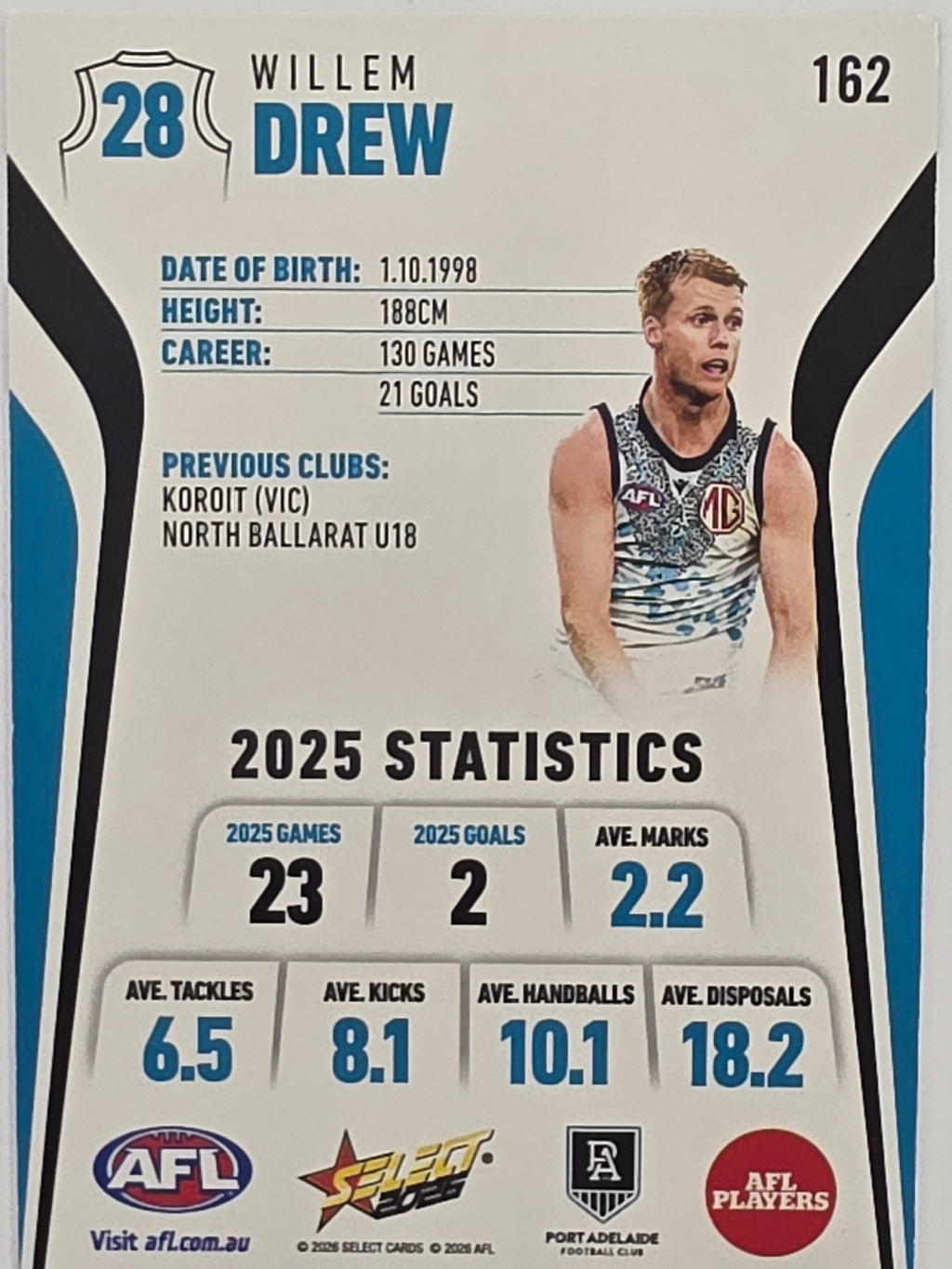 2026 AFL Footy Stars Base Card #162 Willem Drew - Port Adelaide Power