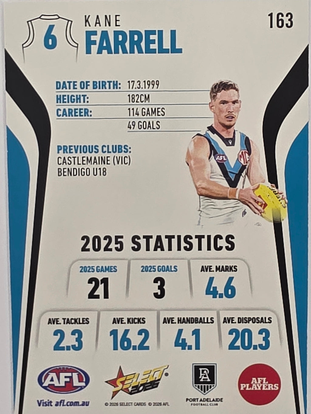 2026 AFL Footy Stars Base Card #163 Kane Farrell - Port Adelaide Power
